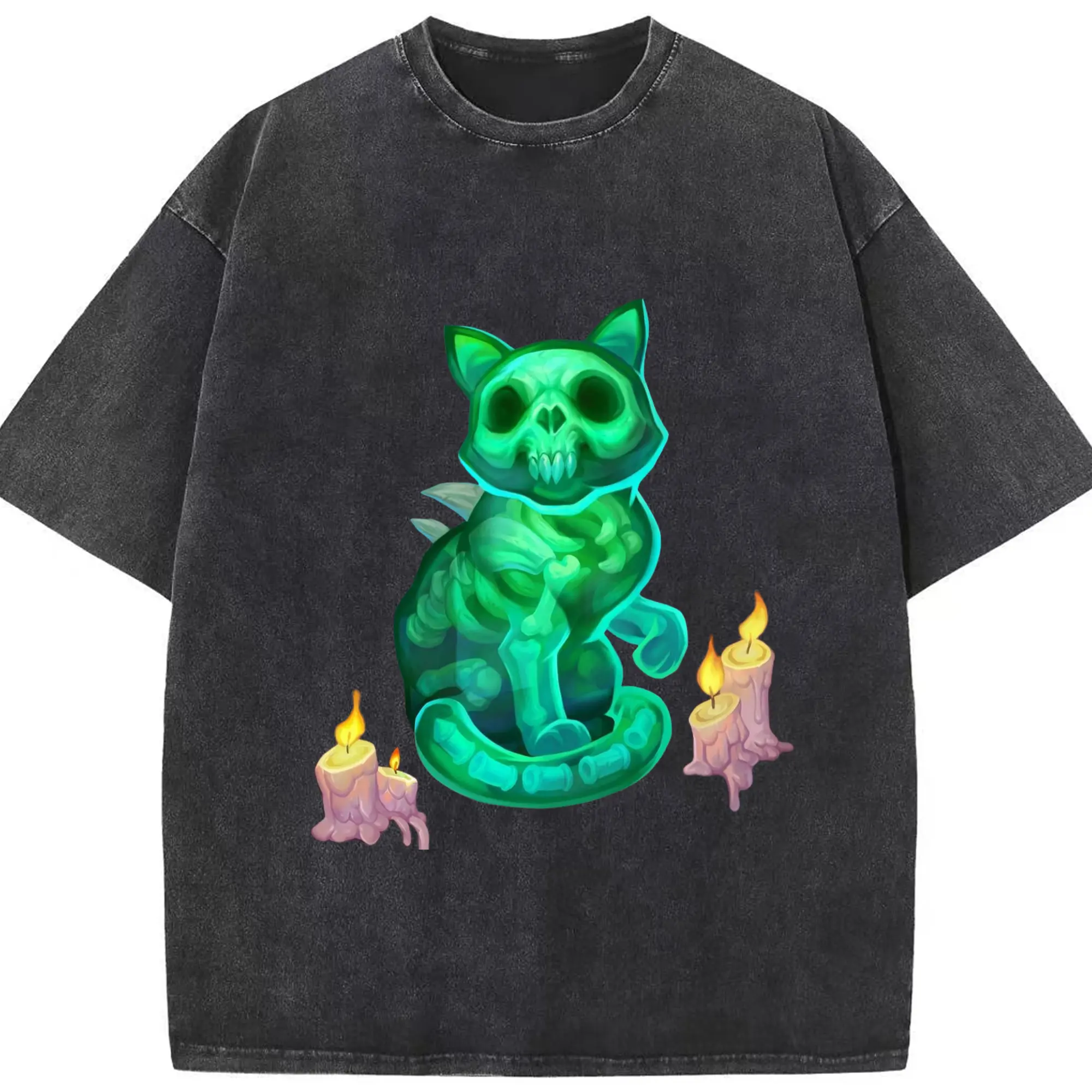 Hearthstone cat graphic tee - Washed Vintage Look 230g Cotton Oversized T-Shirt With Front Heat Transfer Print – Soft, Lightweight, Stylish Fit – Comfortable Casual Wear For Sports & Everyday Use