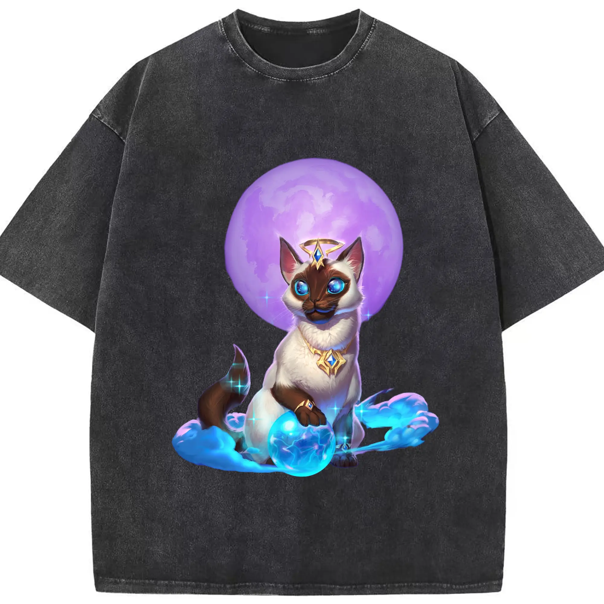 Hearthstone cat t-shirt - Washed Vintage Look 230g Cotton Oversized T-Shirt With Front Heat Transfer Print – Soft, Lightweight, Stylish Fit – Comfortable Casual Wear For Sports & Everyday Use