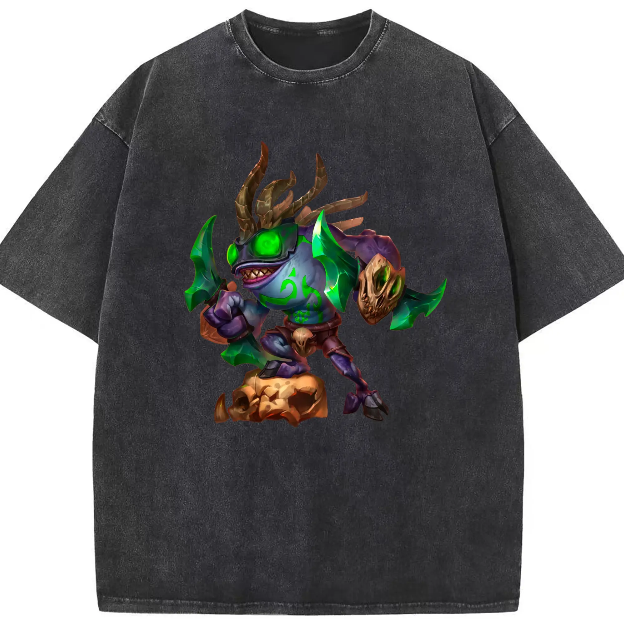 Hearthstone Demon Murloc t shirts​ - Washed Vintage Look 230g Cotton Oversized T-Shirt With Front Heat Transfer Print – Soft, Lightweight, Stylish Fit – Comfortable Casual Wear For Sports & Everyday Use