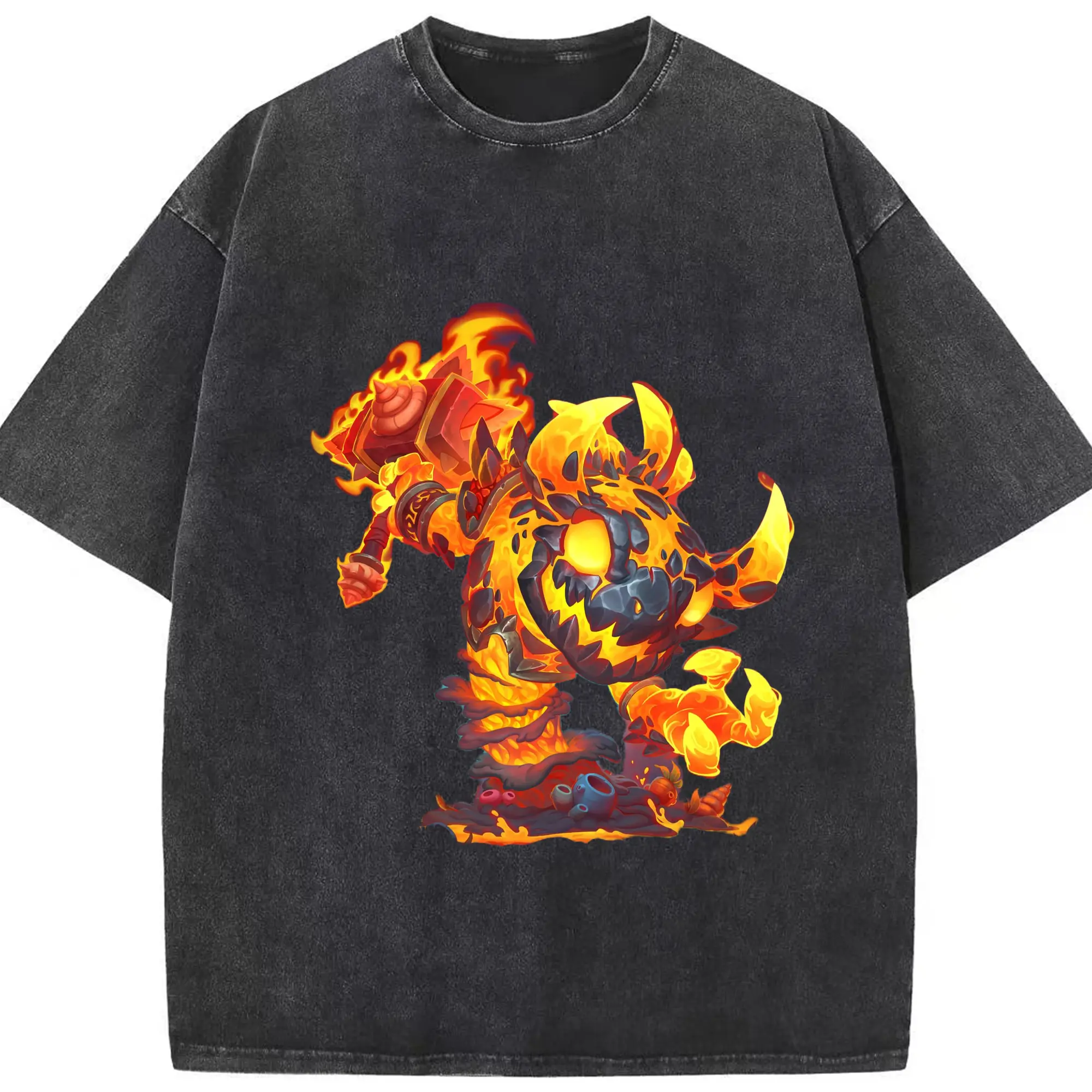 Hearthstone Elemental Lord t shirts​ - Washed Vintage Look 230g Cotton Oversized T-Shirt With Front Heat Transfer Print – Soft, Lightweight, Stylish Fit – Comfortable Casual Wear For Sports & Everyday Use