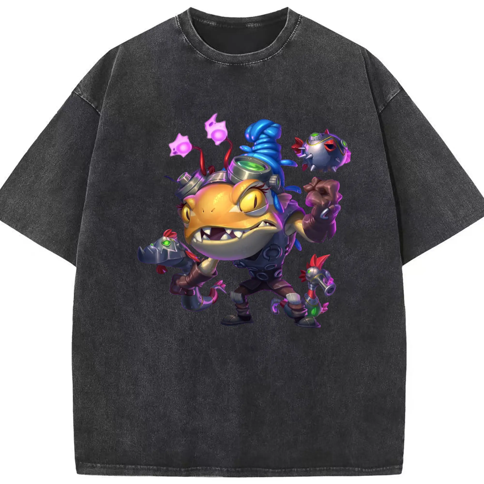 Hearthstone Gnome Murloc t shirts​ - Washed Vintage Look 230g Cotton Oversized T-Shirt With Front Heat Transfer Print – Soft, Lightweight, Stylish Fit – Comfortable Casual Wear For Sports & Everyday Use