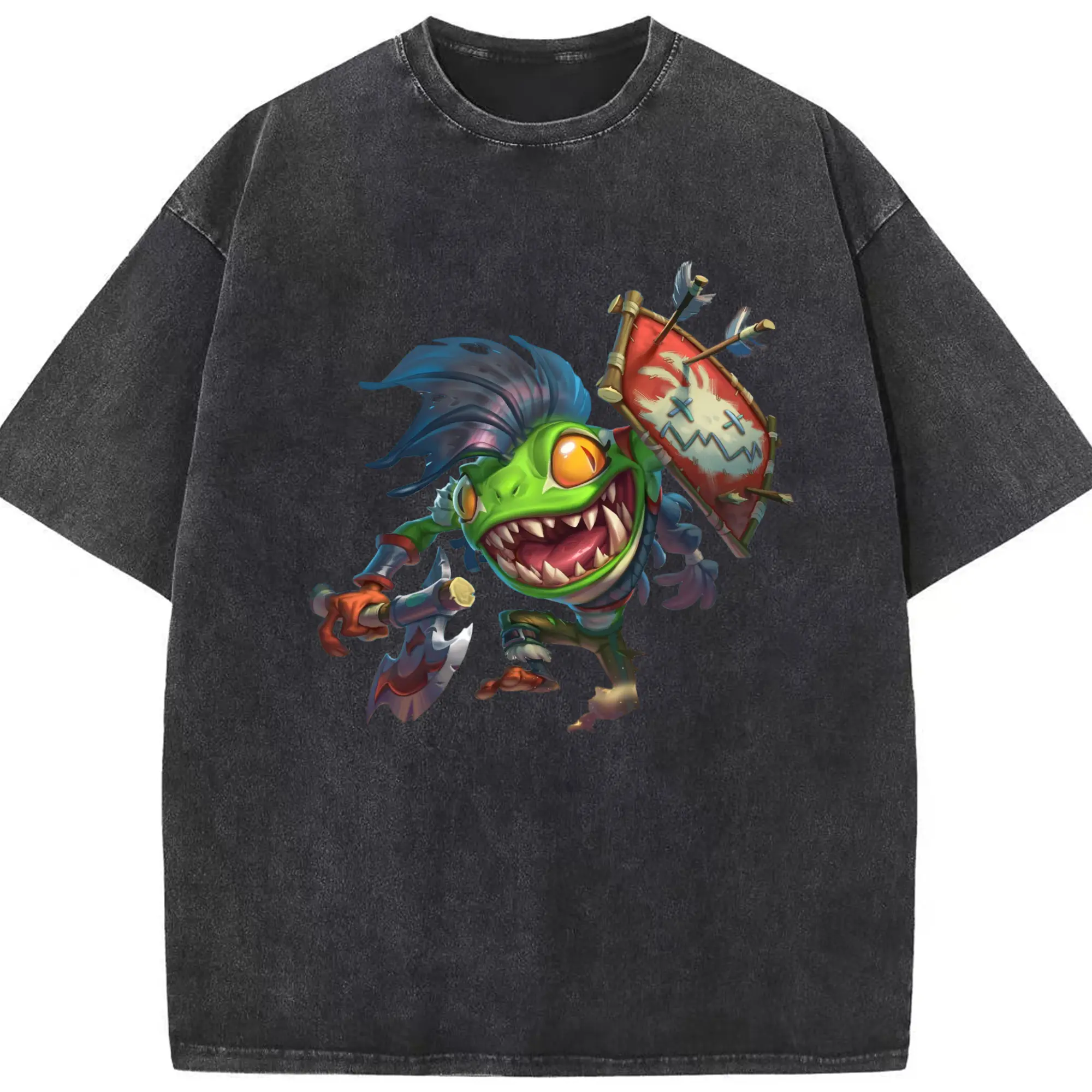 Hearthstone orc Murloct shirts - Washed Vintage Look 230g Cotton Oversized T-Shirt With Front Heat Transfer Print – Soft, Lightweight, Stylish Fit – Comfortable Casual Wear For Sports & Everyday Use