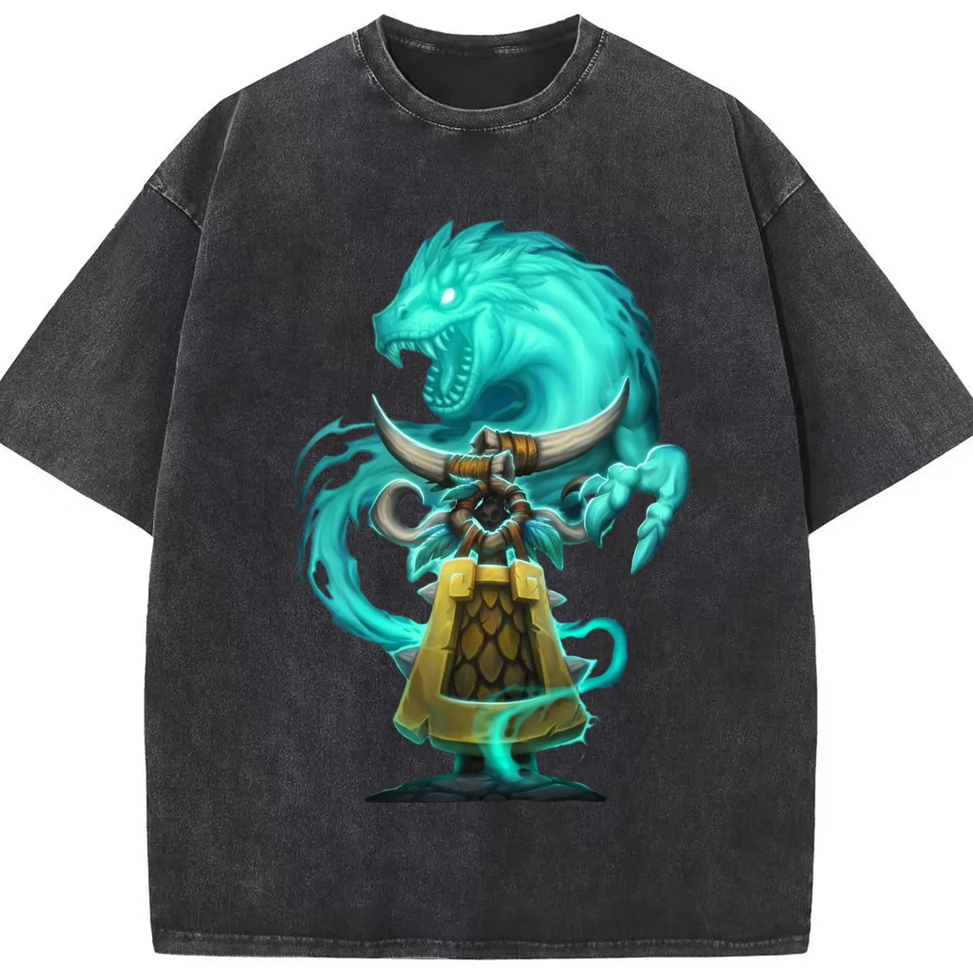 Hearthstone shaman icon t shirts - Washed Vintage Look 230g Cotton Oversized T-Shirt With Front Heat Transfer Print – Soft, Lightweight, Stylish Fit – Comfortable Casual Wear For Sports & Everyday Use