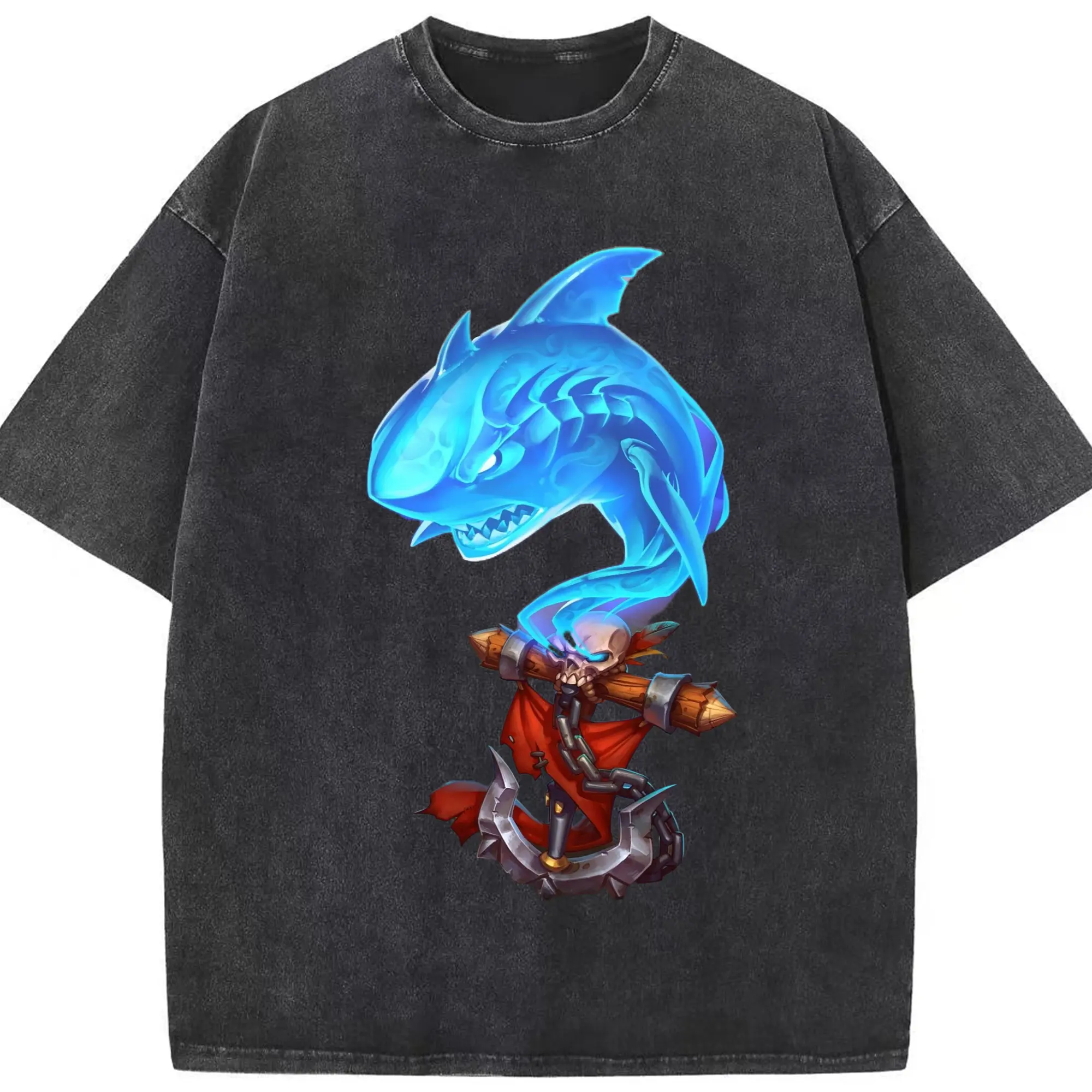 Hearthstone shaman shark icon t shirts - Washed Vintage Look 230g Cotton Oversized T-Shirt With Front Heat Transfer Print – Soft, Lightweight, Stylish Fit – Comfortable Casual Wear For Sports & Everyday Use
