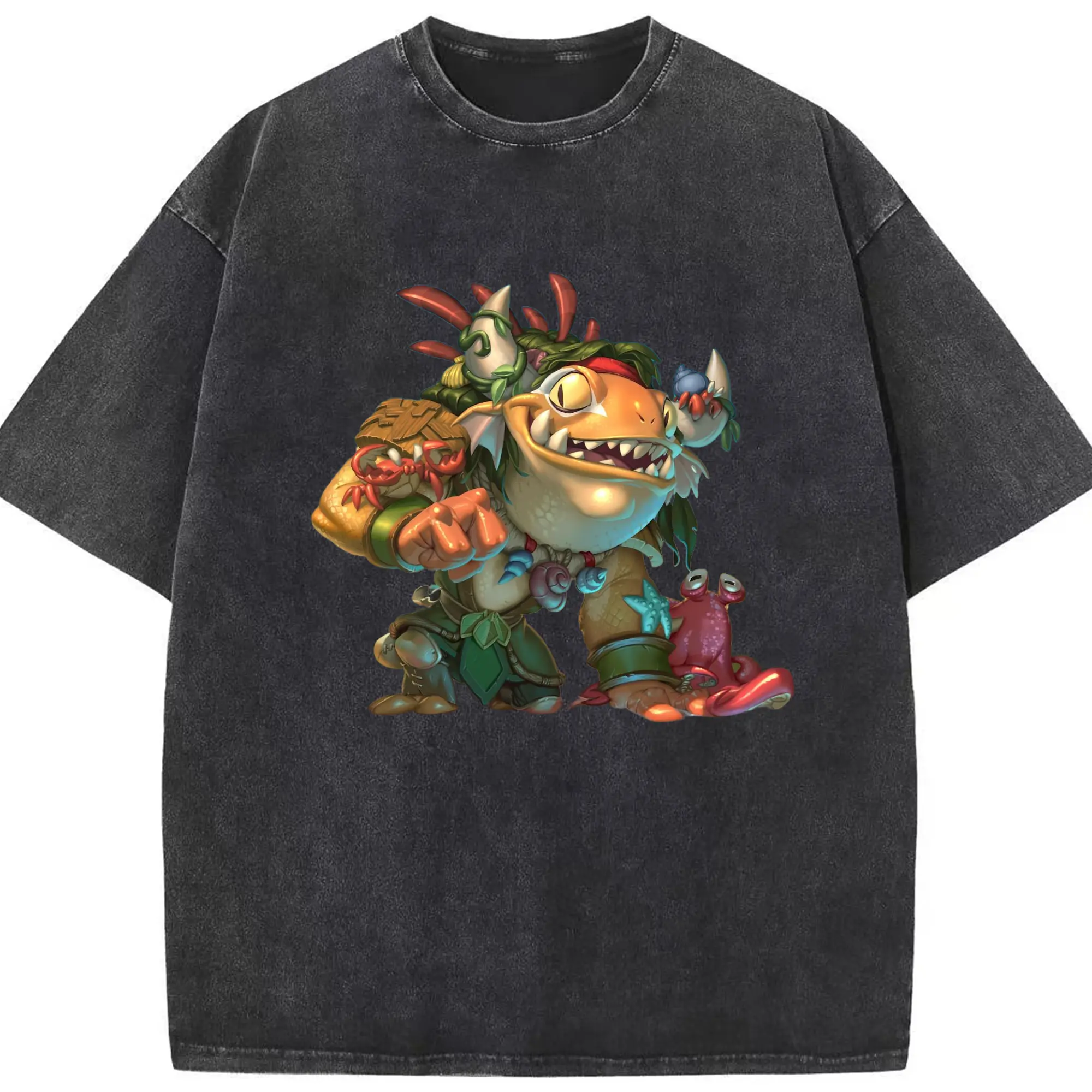 Hearthstone Tauren Murloc t shirts - Washed Vintage Look 230g Cotton Oversized T-Shirt With Front Heat Transfer Print – Soft, Lightweight, Stylish Fit – Comfortable Casual Wear For Sports & Everyday Use