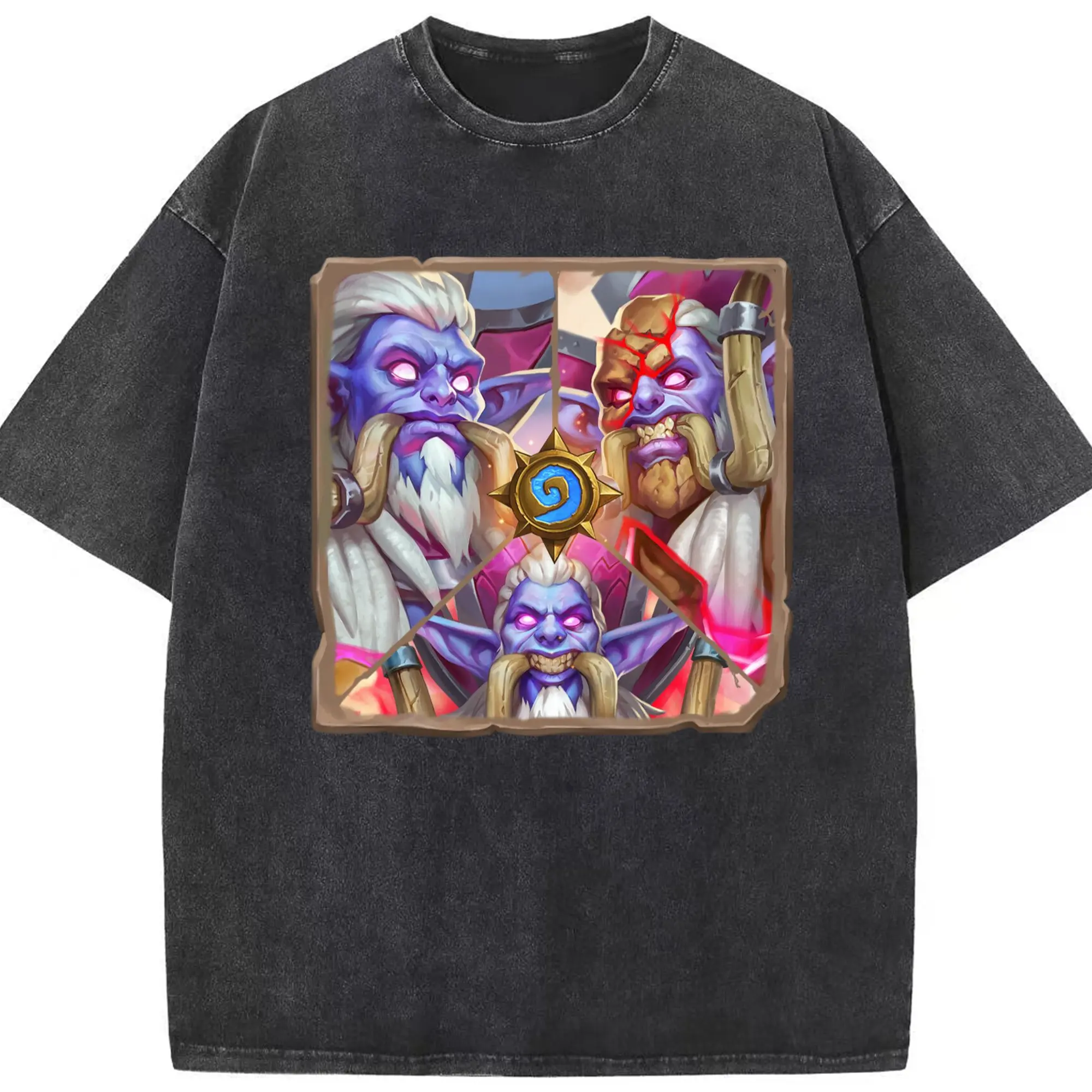 Hearthstone troll graphic t shirts​ - Washed Vintage Look 230g Cotton Oversized T-Shirt With Front Heat Transfer Print – Soft, Lightweight, Stylish Fit – Comfortable Casual Wear For Sports & Everyday Use