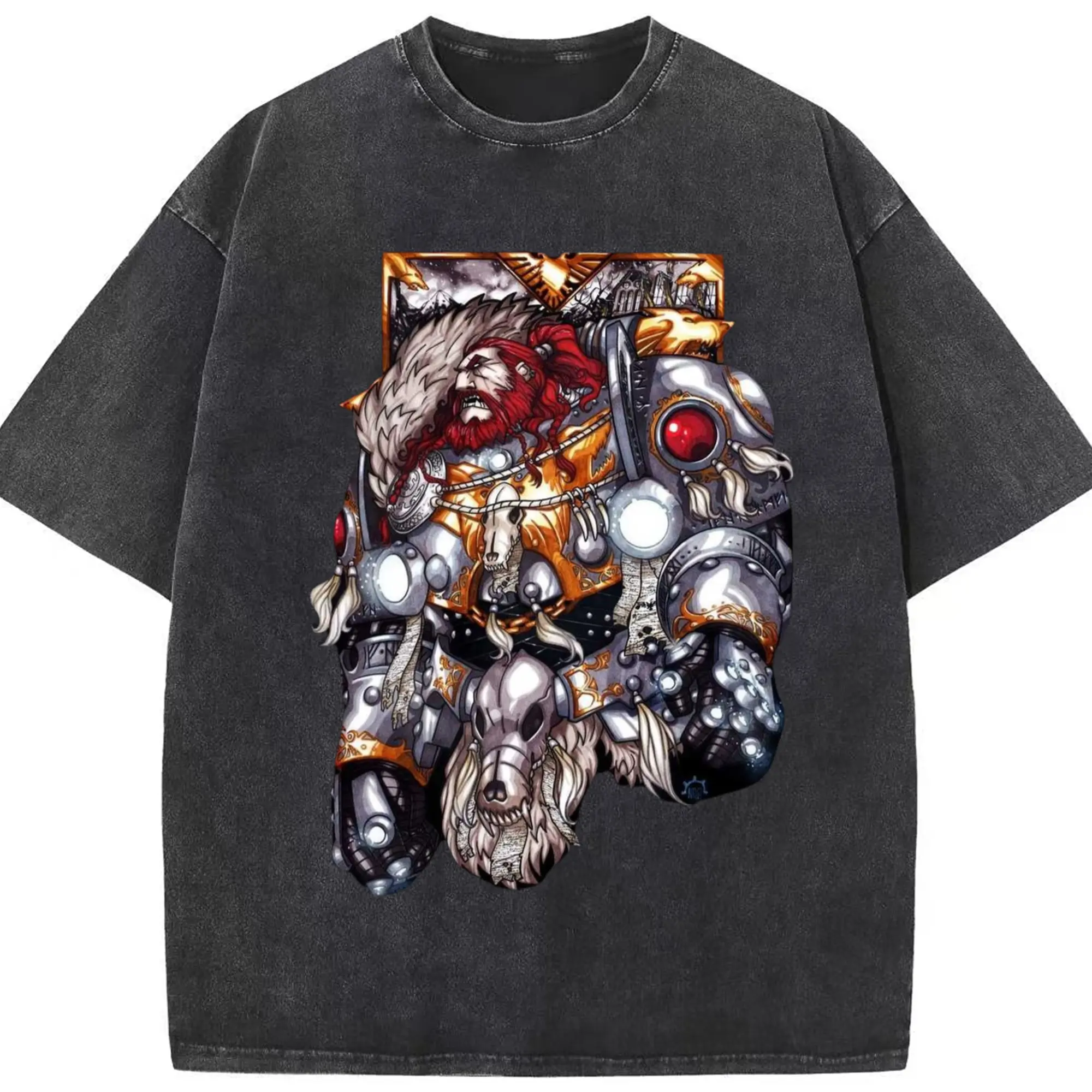 Men's warhammer 40k Space Wolves tee - Washed Vintage Look 230g Cotton Oversized T-Shirt With Front Heat Transfer Print – Soft, Lightweight, Stylish Fit – Comfortable Casual Wear For Sports & Everyday Use