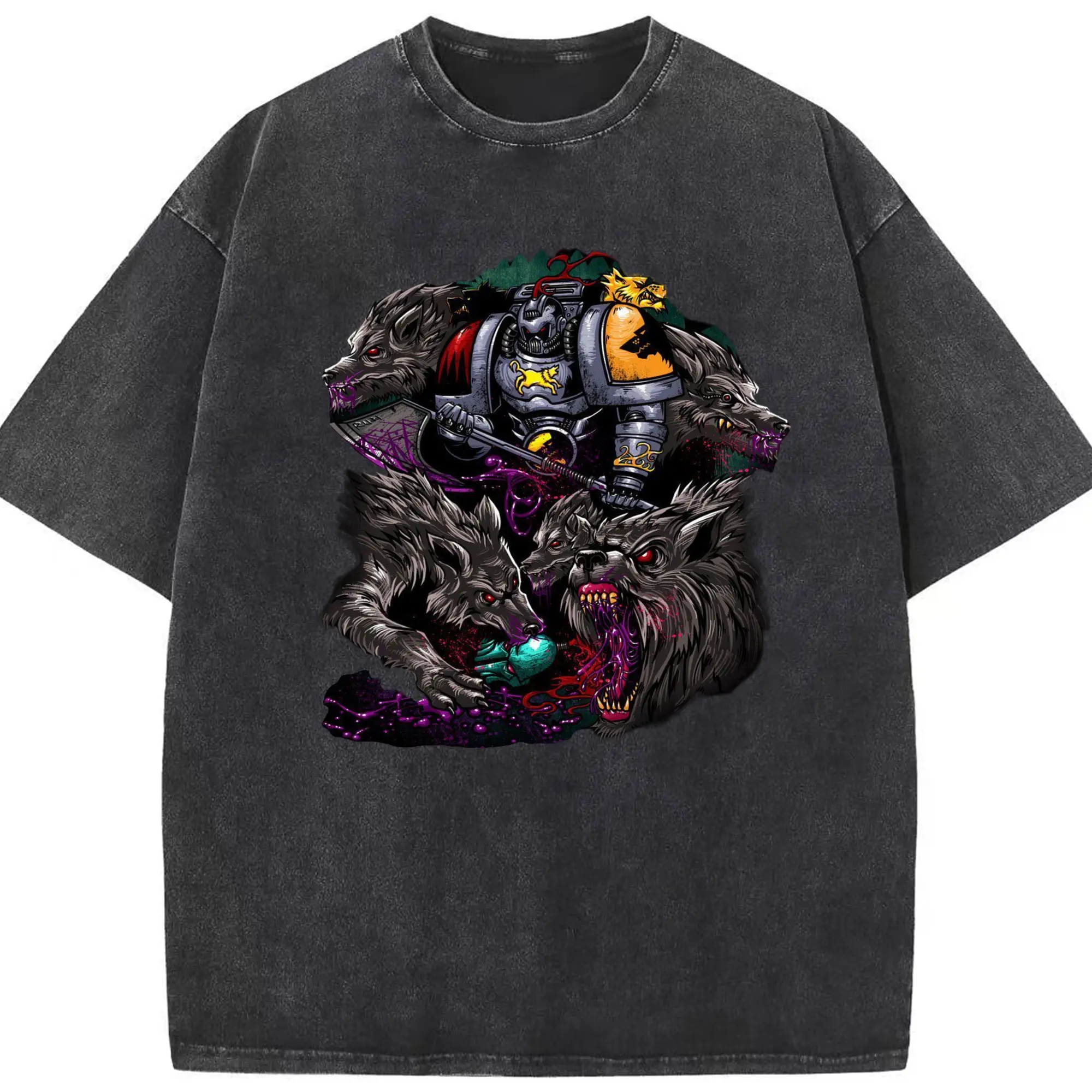 Men's warhammer 40k Space Wolves t-shirt - Washed Vintage Look 230g Cotton Oversized T-Shirt With Front Heat Transfer Print – Soft, Lightweight, Stylish Fit – Comfortable Casual Wear For Sports & Everyday Use