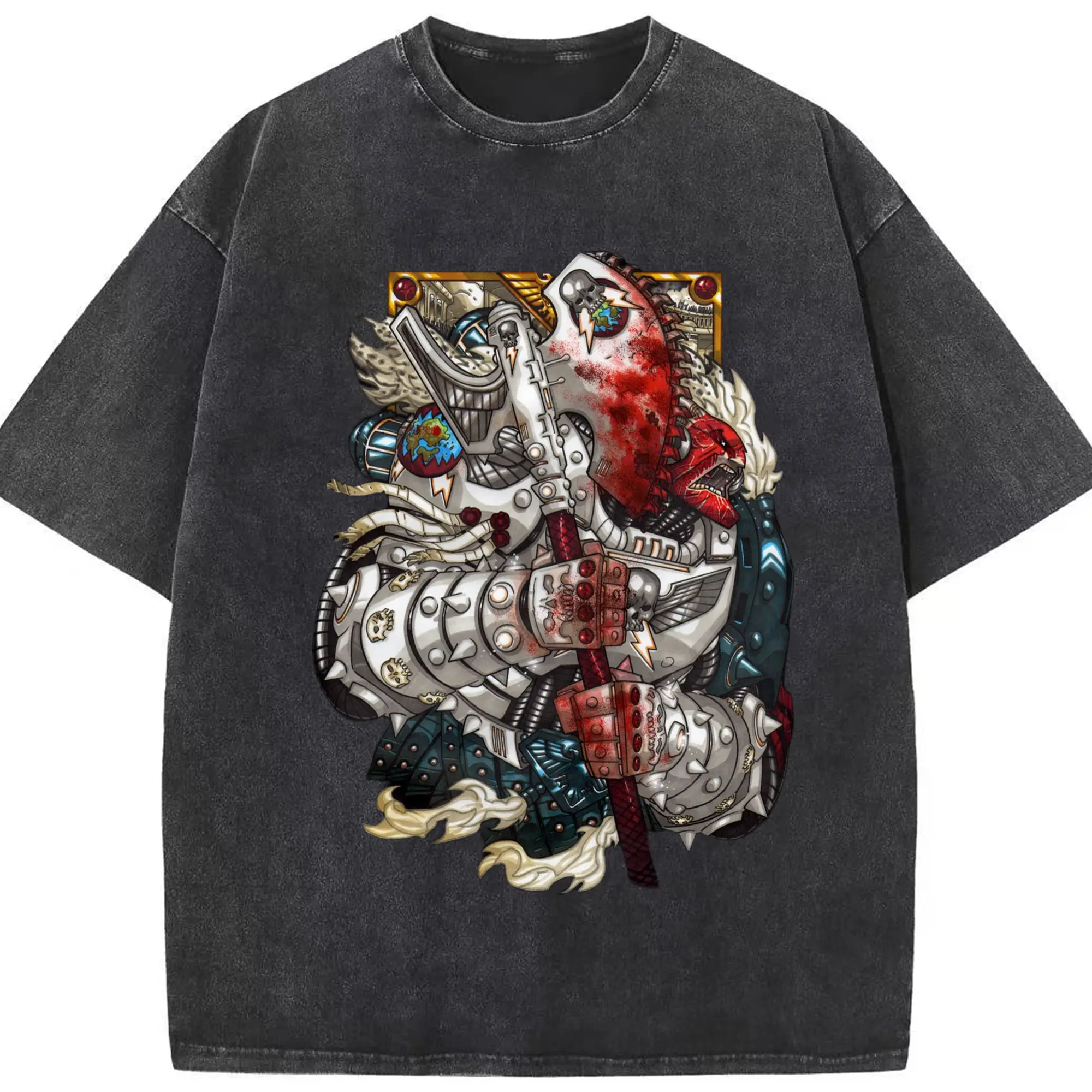 Warhammer 40k Space Wolves tee - Washed Vintage Look 230g Cotton Oversized T-Shirt With Front Heat Transfer Print – Soft, Lightweight, Stylish Fit – Comfortable Casual Wear For Sports & Everyday Use