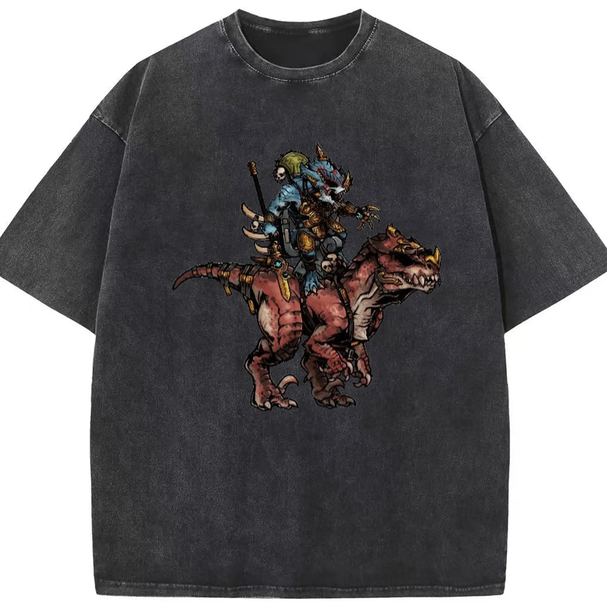 Men's total war warhammer Lizardmen t shirt​ - Washed Vintage Look 230g Cotton Oversized T-Shirt With Front Heat Transfer Print – Soft, Lightweight, Stylish Fit – Comfortable Casual Wear For Sports & Everyday Use