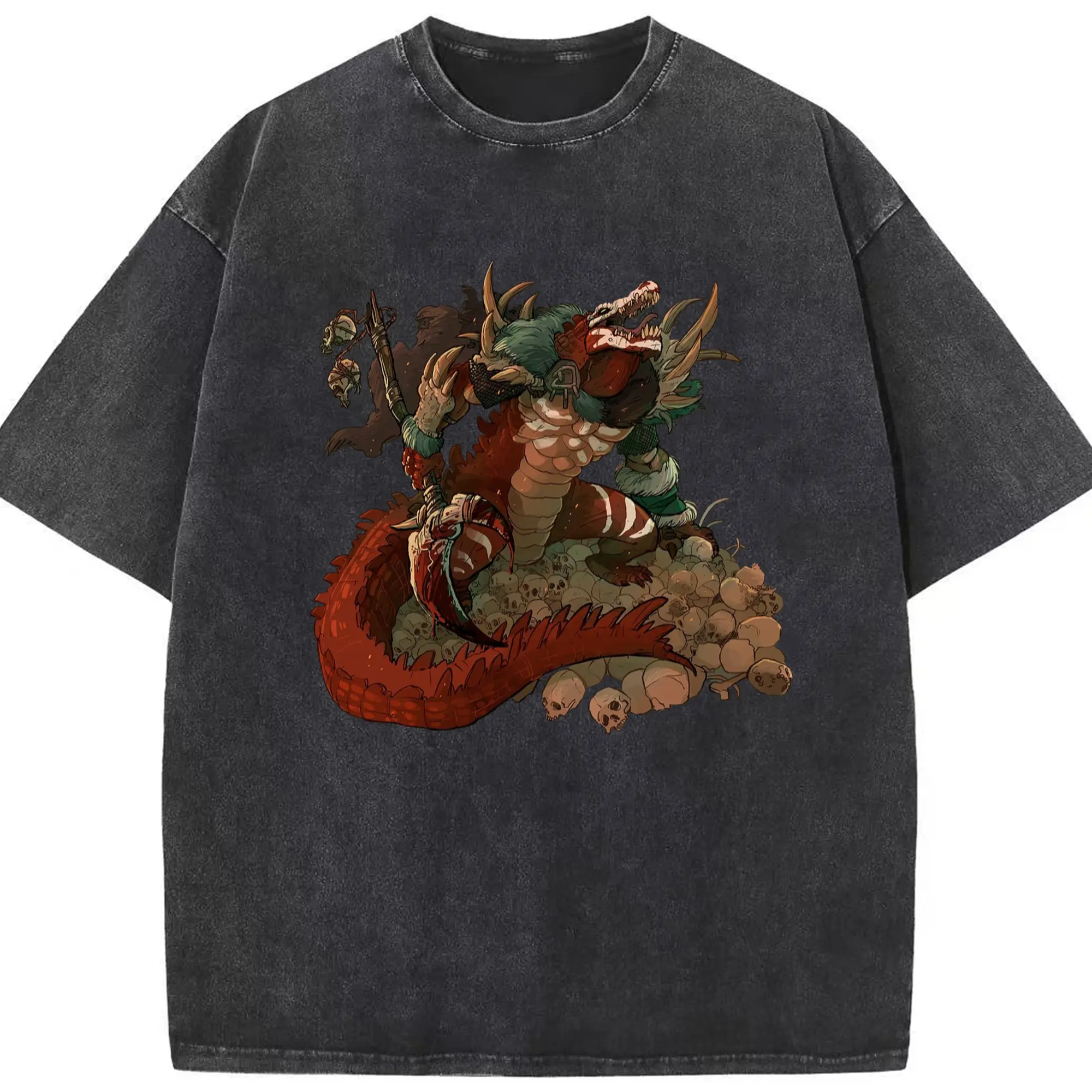 Total war warhammer Lizardmen graphic tee - Washed Vintage Look 230g Cotton Oversized T-Shirt With Front Heat Transfer Print – Soft, Lightweight, Stylish Fit – Comfortable Casual Wear For Sports & Everyday Use