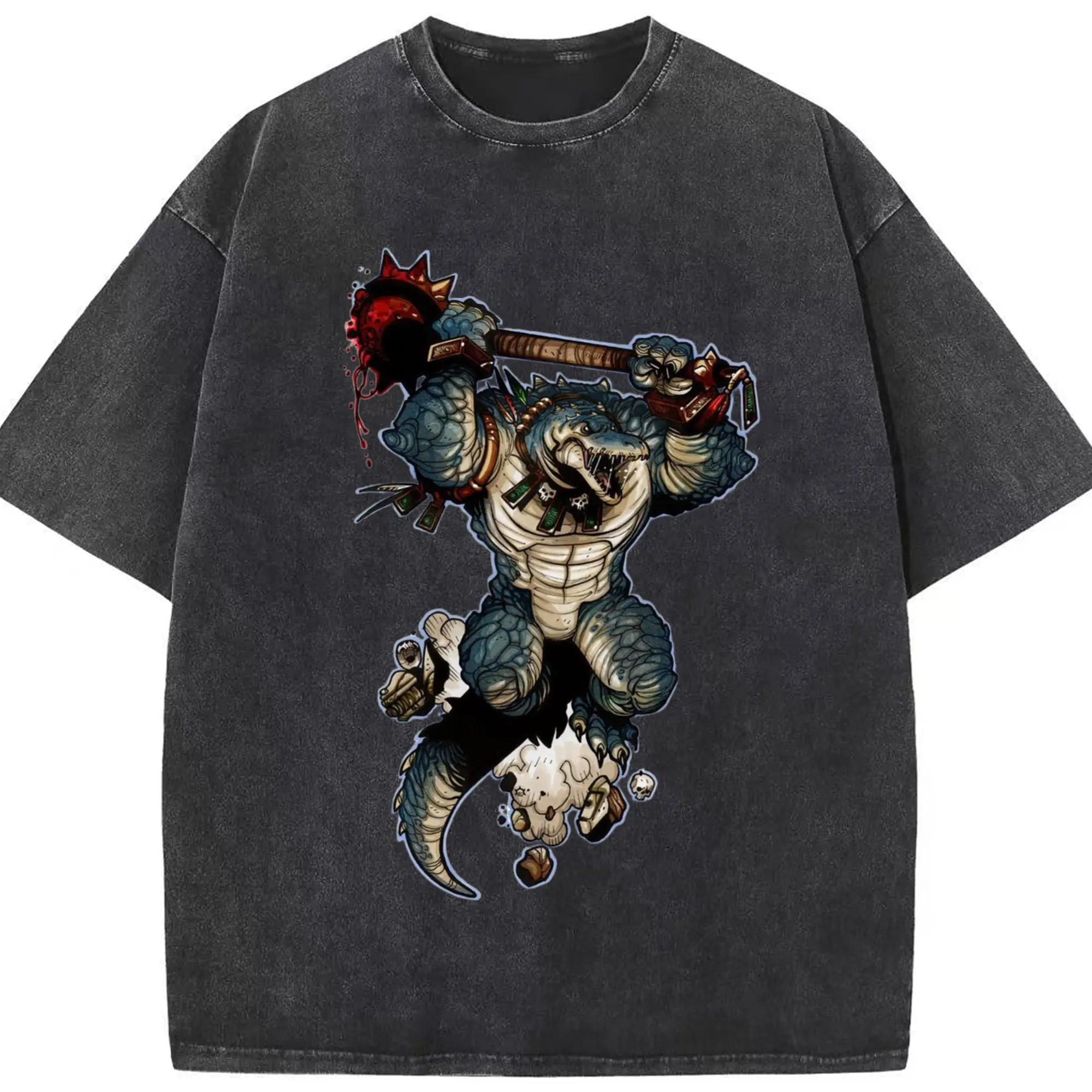 Total war warhammer Lizardmen t shirt​ - Washed Vintage Look 230g Cotton Oversized T-Shirt With Front Heat Transfer Print – Soft, Lightweight, Stylish Fit – Comfortable Casual Wear For Sports & Everyday Use