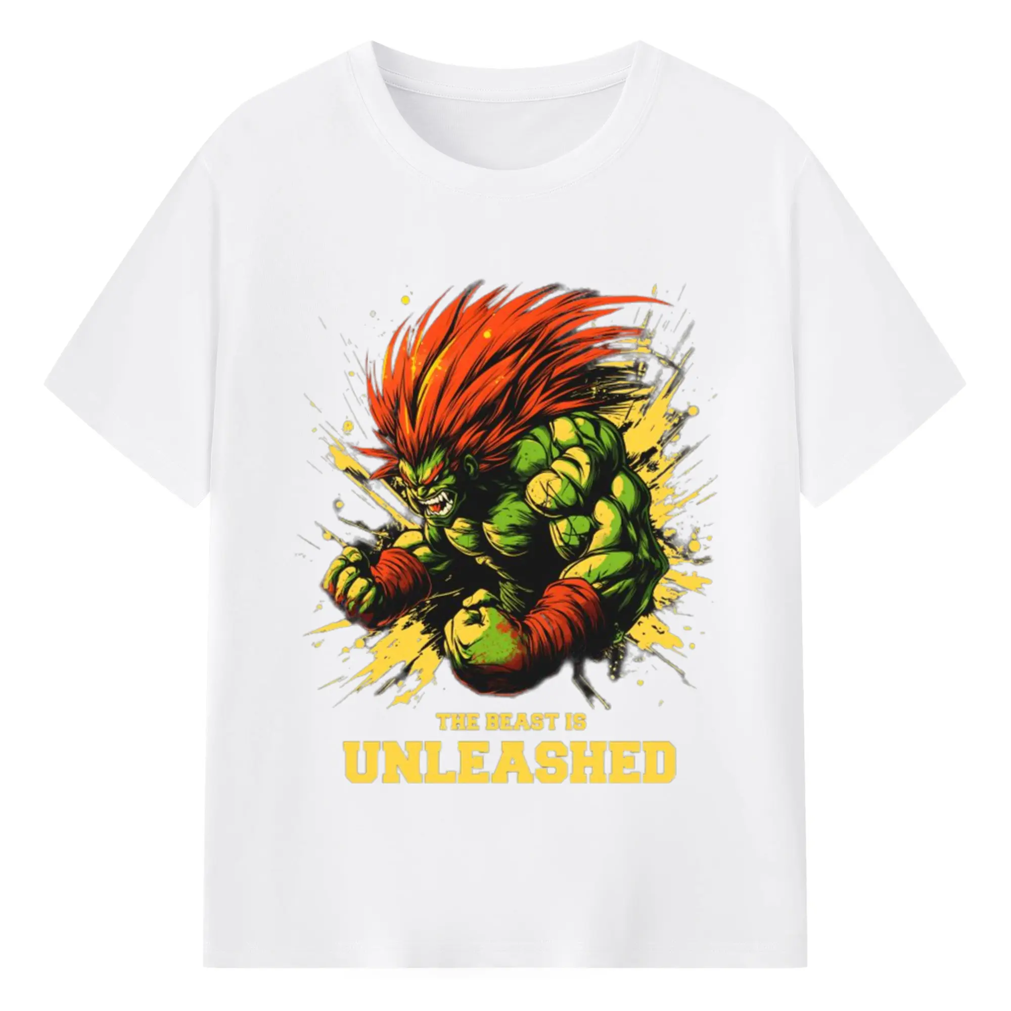 Street fighter blanka art shirt​ - 180g Cotton T-Shirt With Front Heat Transfer Print – Soft, Lightweight, Fitted Design – Comfortable Casual Wear For Sports & Everyday Use