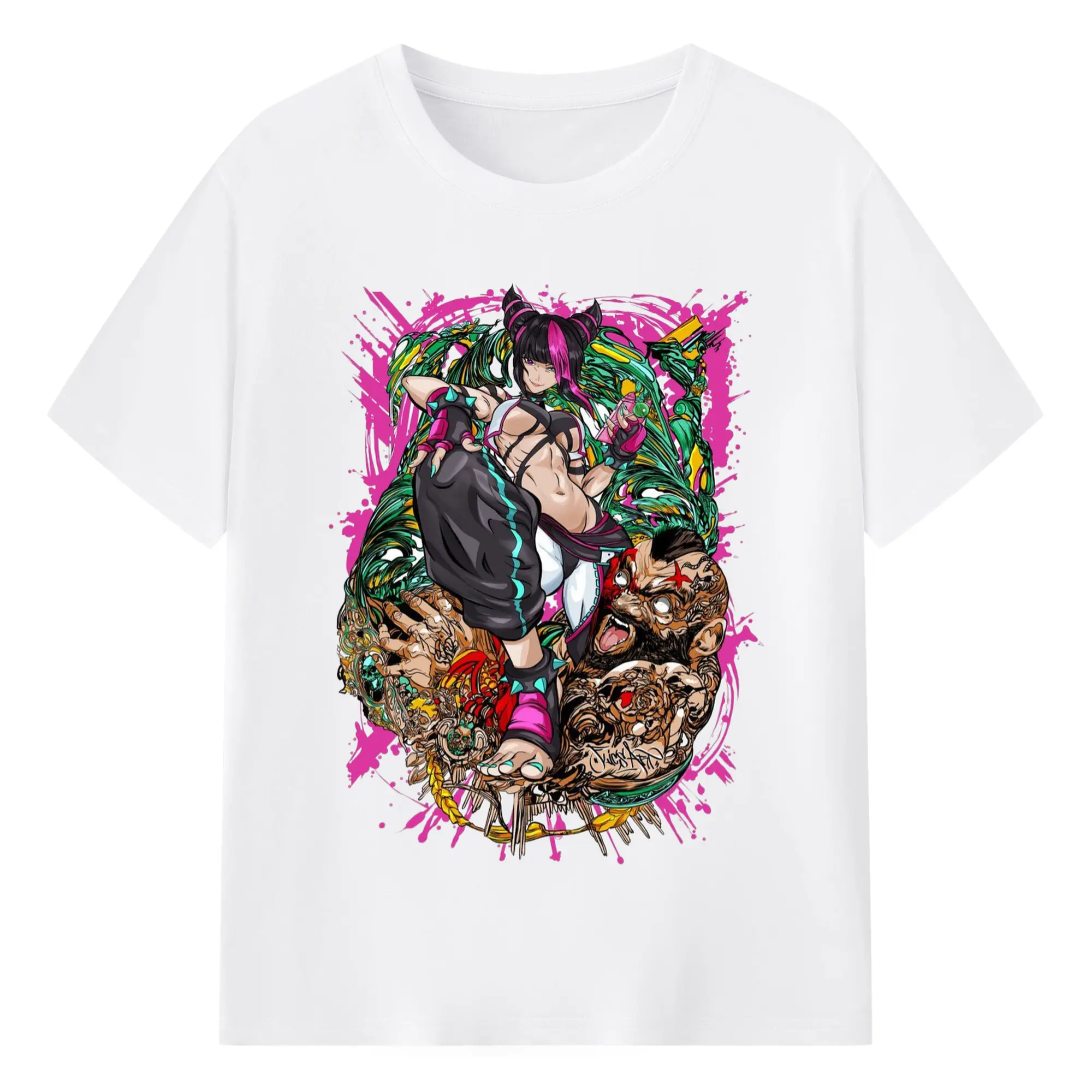 Street fighter juri collage shirt - 180g Cotton T-Shirt With Front Heat Transfer Print – Soft, Lightweight, Fitted Design – Comfortable Casual Wear For Sports & Everyday Use