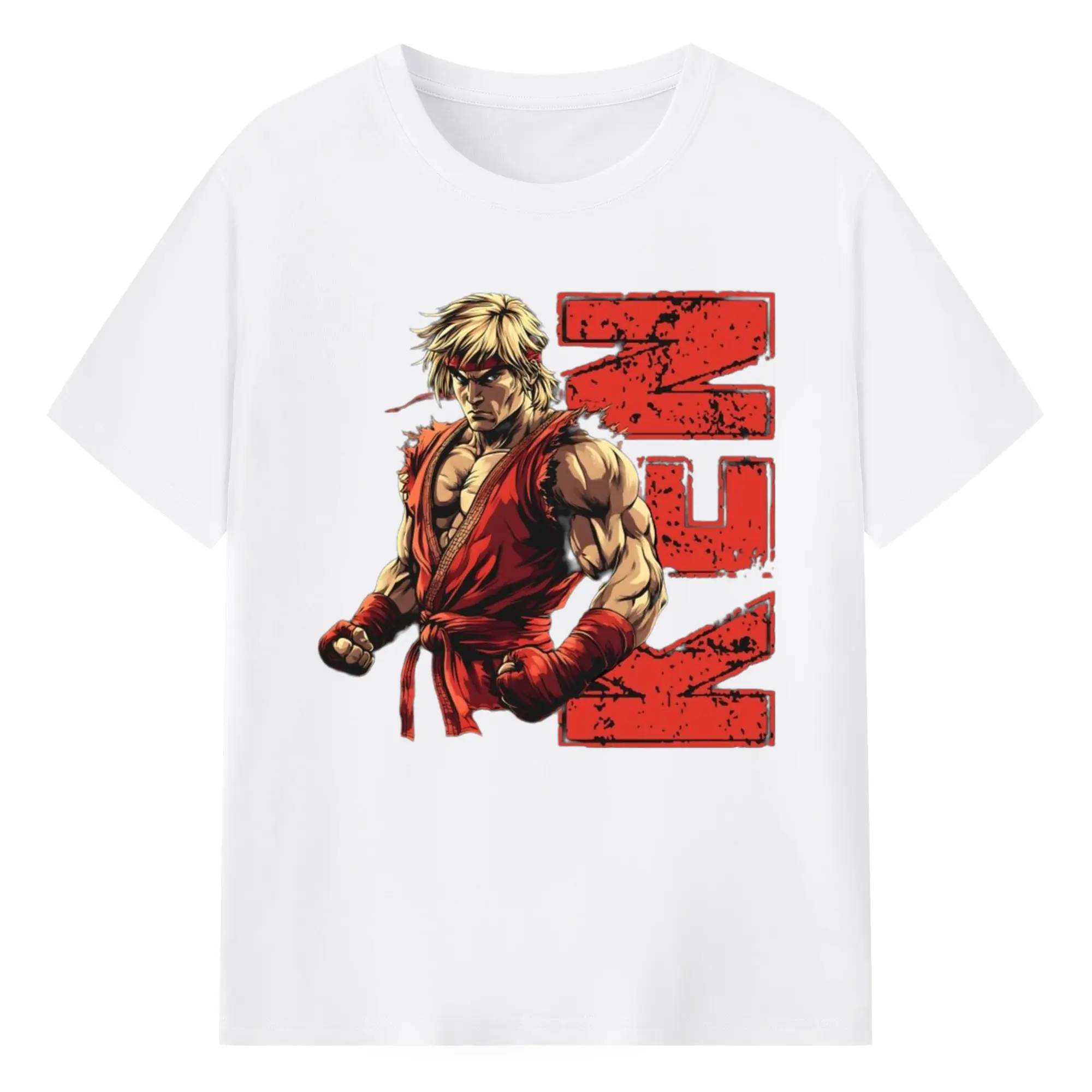 Street fighter ken t shirt​ - 180g Cotton T-Shirt With Front Heat Transfer Print – Soft, Lightweight, Fitted Design – Comfortable Casual Wear For Sports & Everyday Use