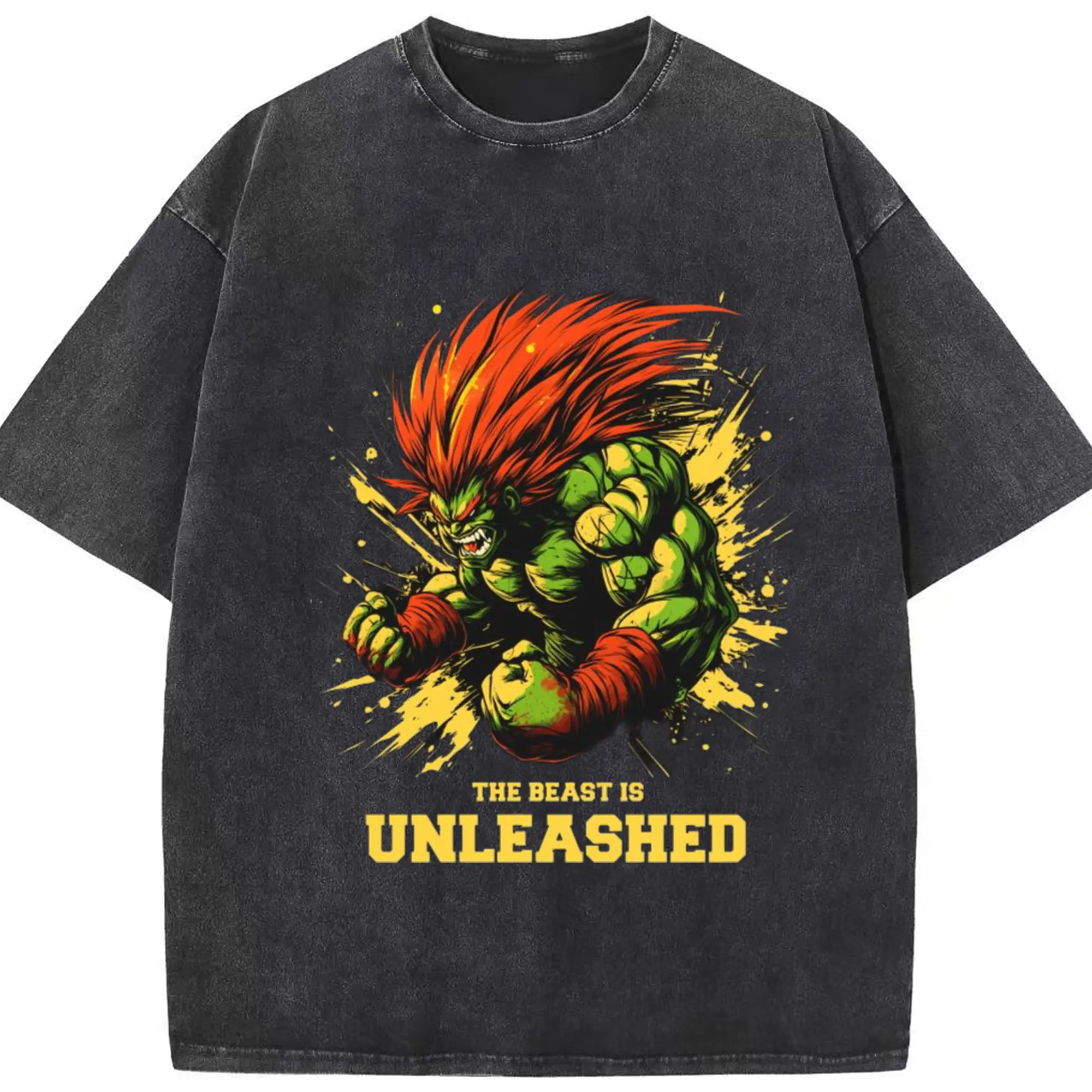 Street fighter blanka art shirt​ - Washed Vintage Look 230g Cotton Oversized T-Shirt With Front Heat Transfer Print – Soft, Lightweight, Stylish Fit – Comfortable Casual Wear For Sports & Everyday Use