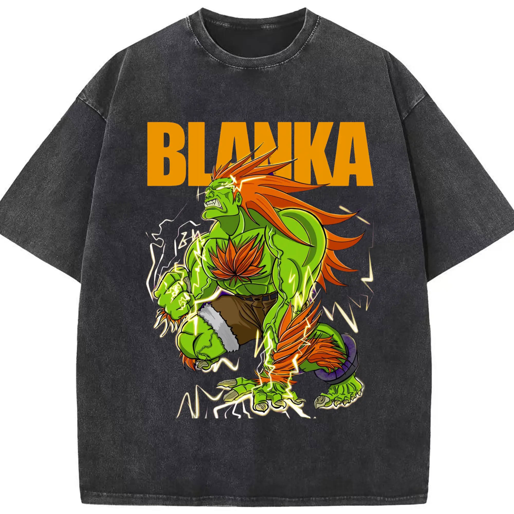 Street fighter blanka classic t shirt​ - Washed Vintage Look 230g Cotton Oversized T-Shirt With Front Heat Transfer Print – Soft, Lightweight, Stylish Fit – Comfortable Casual Wear For Sports & Everyday Use