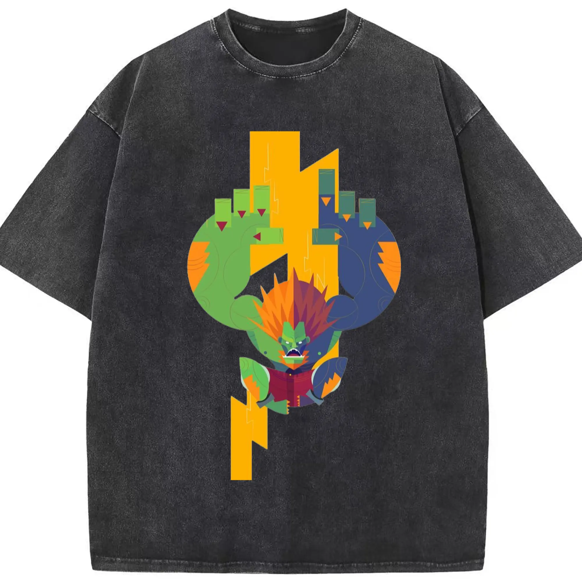 Street fighter blanka icon t shirt​ - Washed Vintage Look 230g Cotton Oversized T-Shirt With Front Heat Transfer Print – Soft, Lightweight, Stylish Fit – Comfortable Casual Wear For Sports & Everyday Use