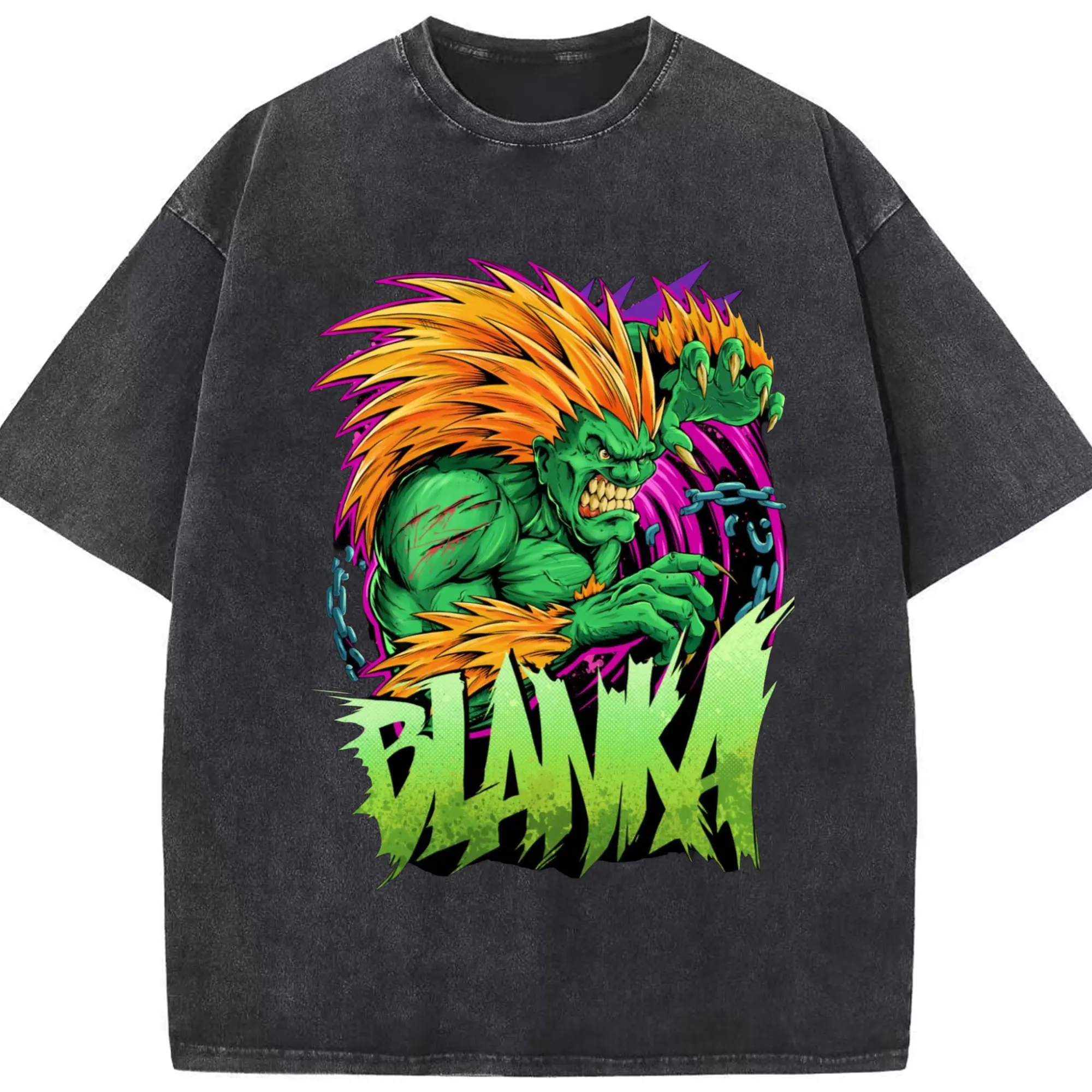 Street fighter blanka t shirt​ - Washed Vintage Look 230g Cotton Oversized T-Shirt With Front Heat Transfer Print – Soft, Lightweight, Stylish Fit – Comfortable Casual Wear For Sports & Everyday Use