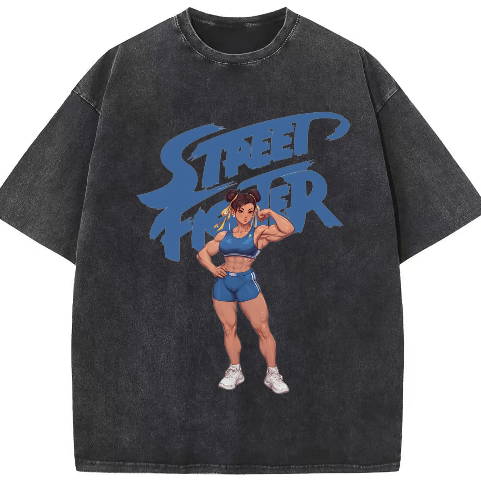 Street fighter chun li shirt​ - Washed Vintage Look 230g Cotton Oversized T-Shirt With Front Heat Transfer Print – Soft, Lightweight, Stylish Fit – Comfortable Casual Wear For Sports & Everyday Use