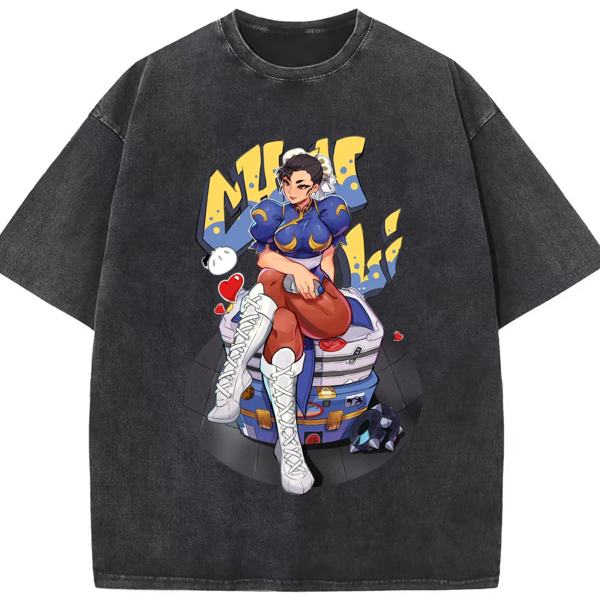 Street fighter chun li t-shirt​ - Washed Vintage Look 230g Cotton Oversized T-Shirt With Front Heat Transfer Print – Soft, Lightweight, Stylish Fit – Comfortable Casual Wear For Sports & Everyday Use