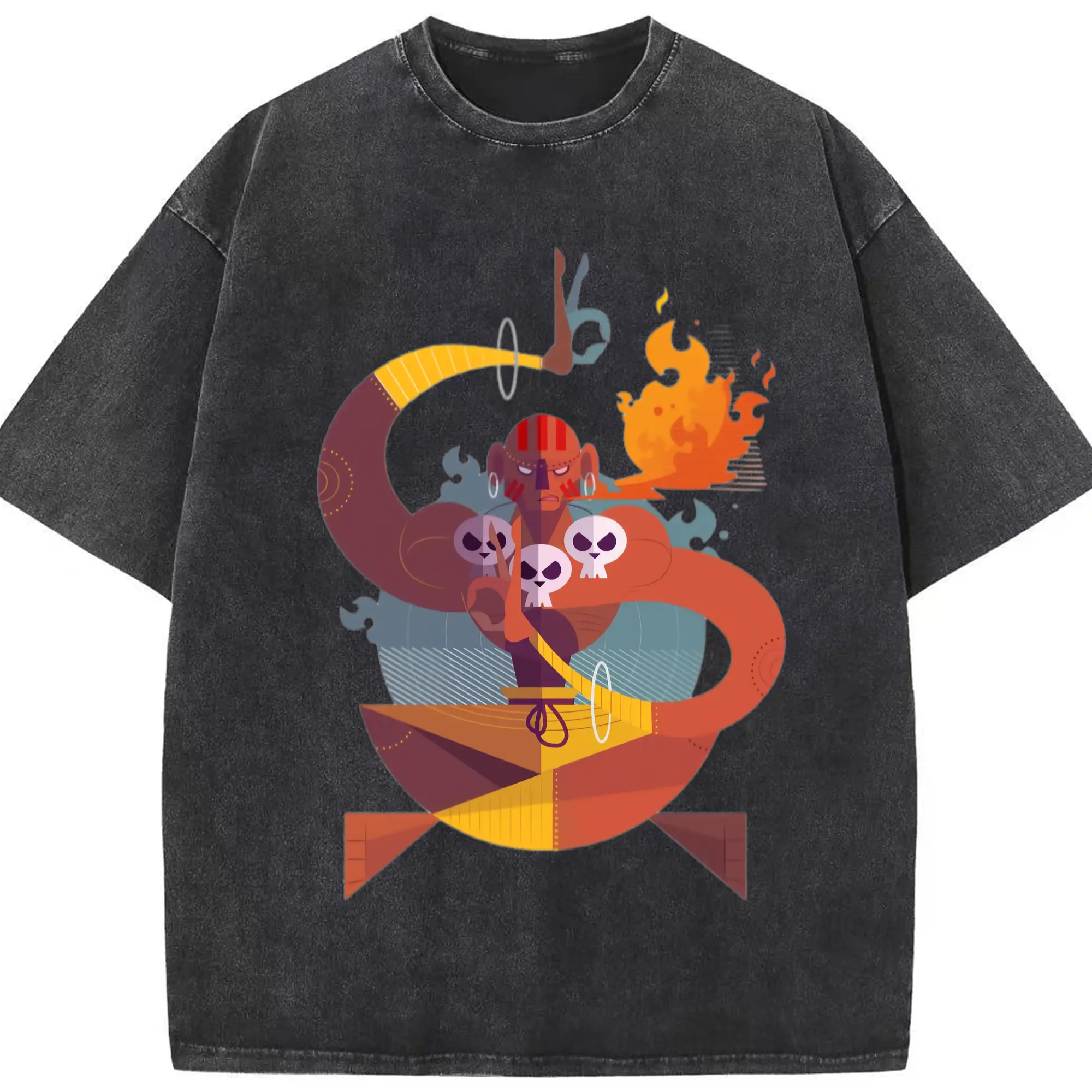 Street fighter dhalsim tee - Washed Vintage Look 230g Cotton Oversized T-Shirt With Front Heat Transfer Print – Soft, Lightweight, Stylish Fit – Comfortable Casual Wear For Sports & Everyday Use