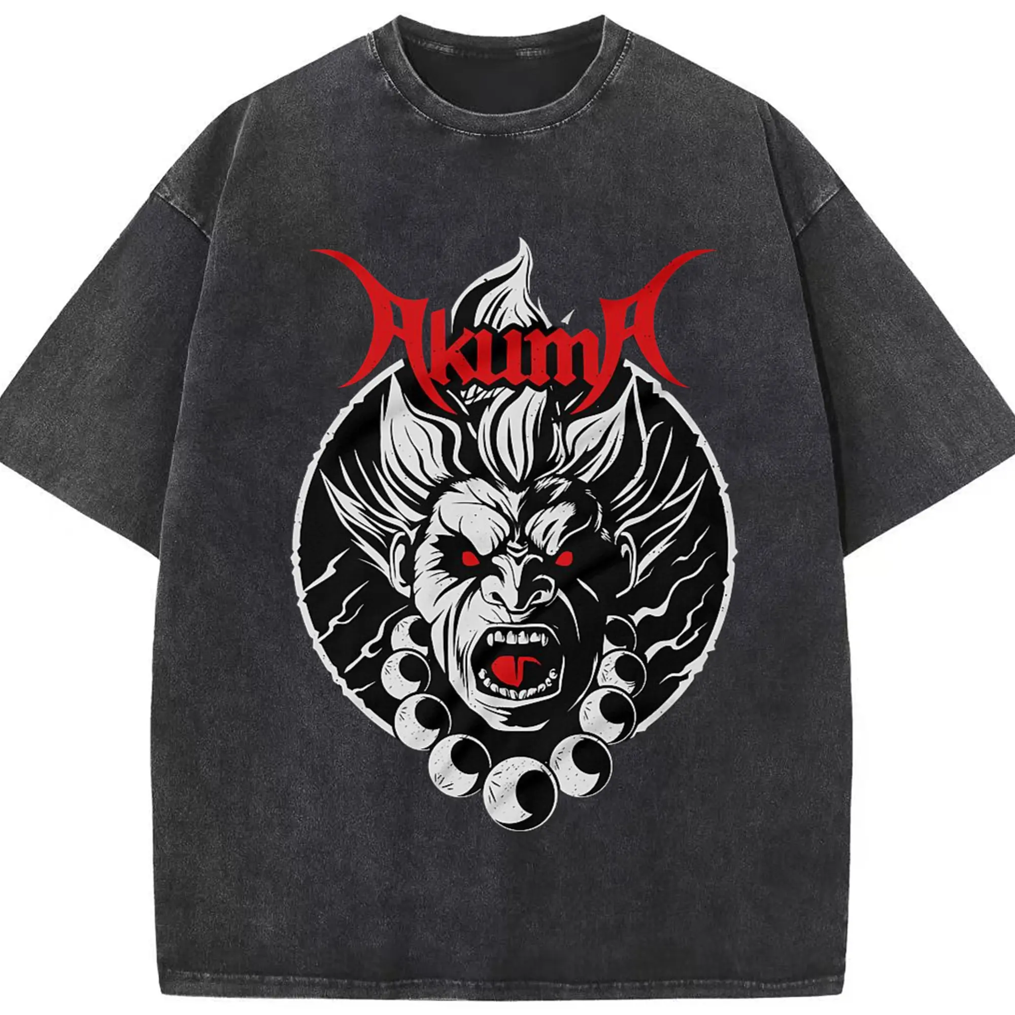 Street fighter gouki face t shirt​ - Washed Vintage Look 230g Cotton Oversized T-Shirt With Front Heat Transfer Print – Soft, Lightweight, Stylish Fit – Comfortable Casual Wear For Sports & Everyday Use