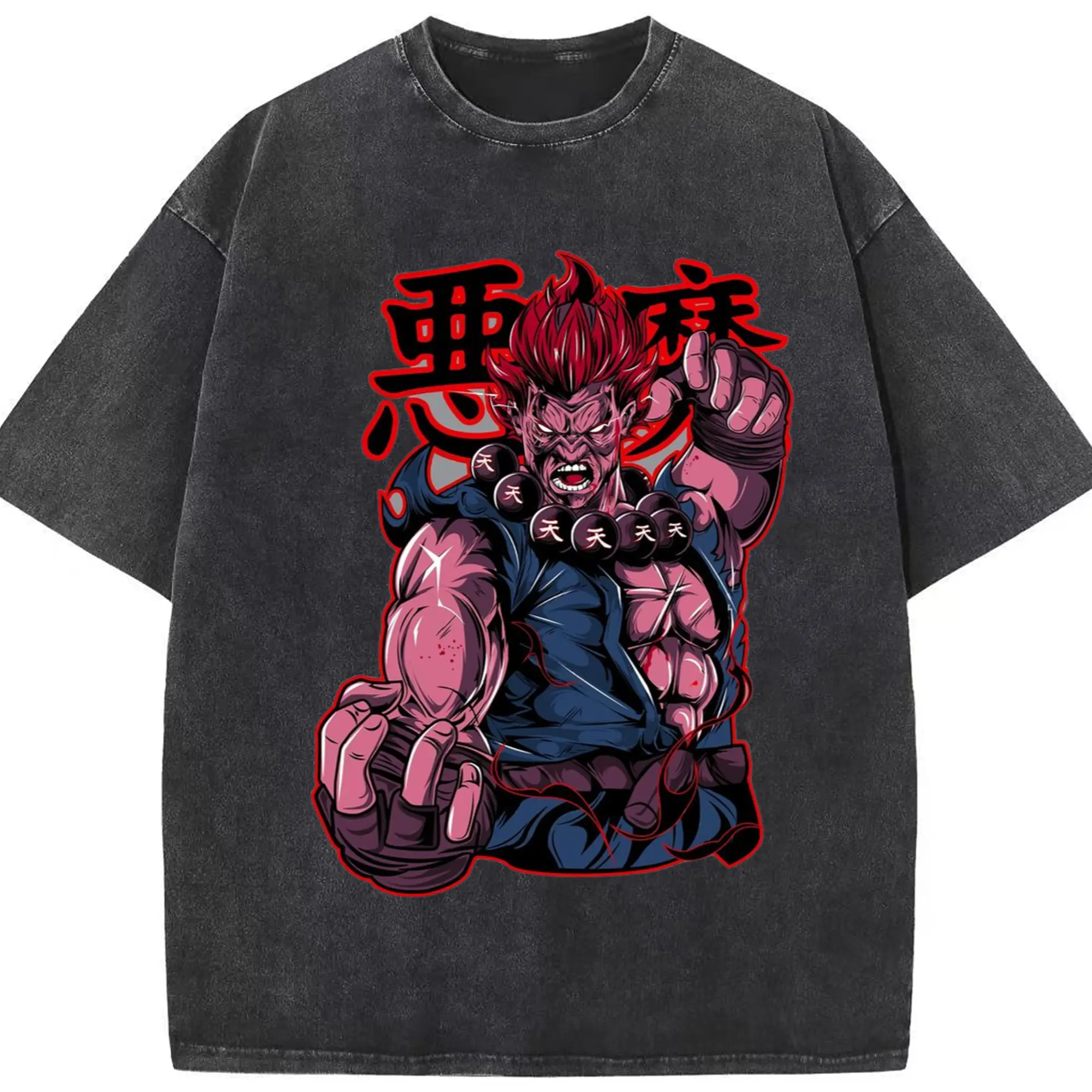 Street fighter gouki t shirt​ - Washed Vintage Look 230g Cotton Oversized T-Shirt With Front Heat Transfer Print – Soft, Lightweight, Stylish Fit – Comfortable Casual Wear For Sports & Everyday Use