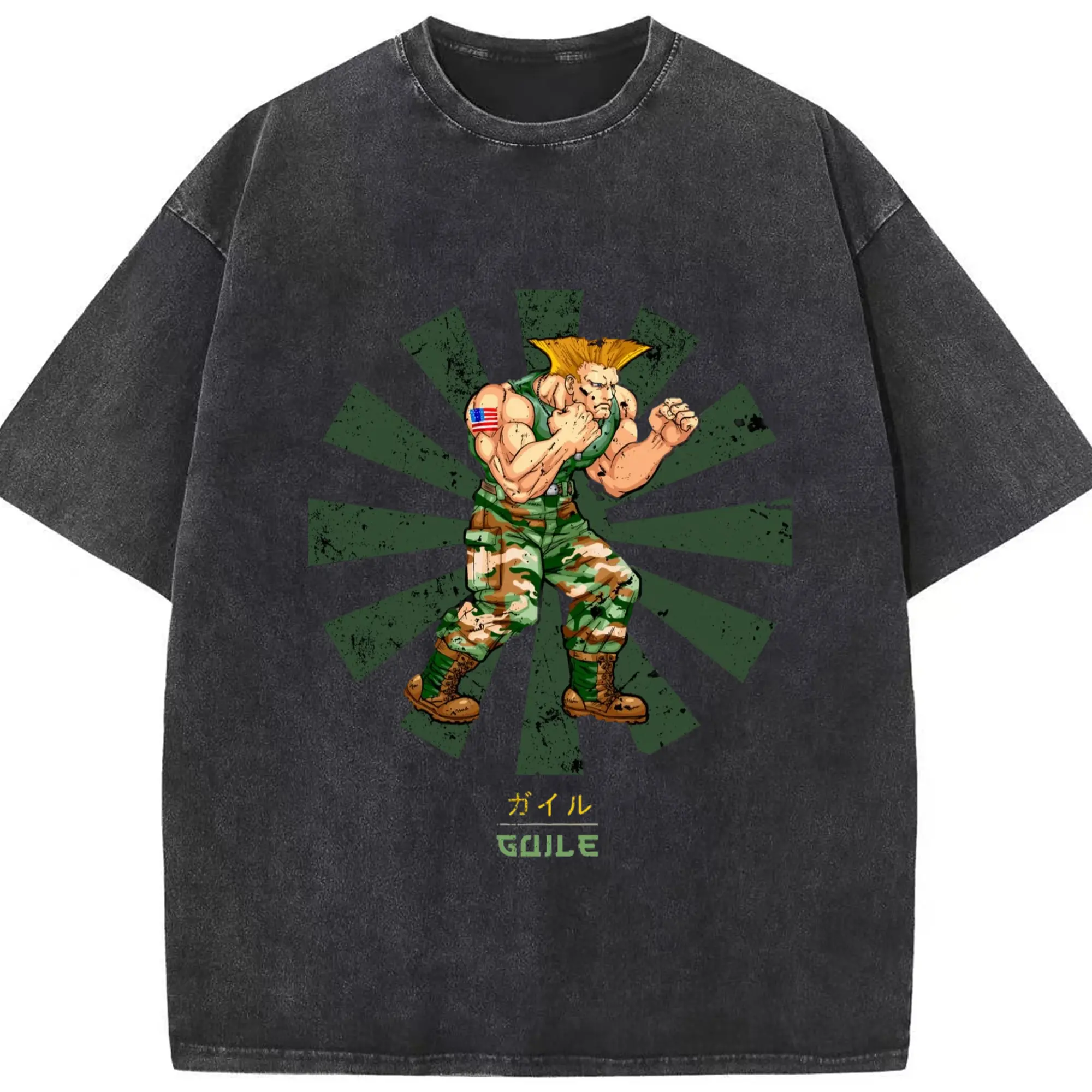Street fighter guile t shirt​ - Washed Vintage Look 230g Cotton Oversized T-Shirt With Front Heat Transfer Print – Soft, Lightweight, Stylish Fit – Comfortable Casual Wear For Sports & Everyday Use