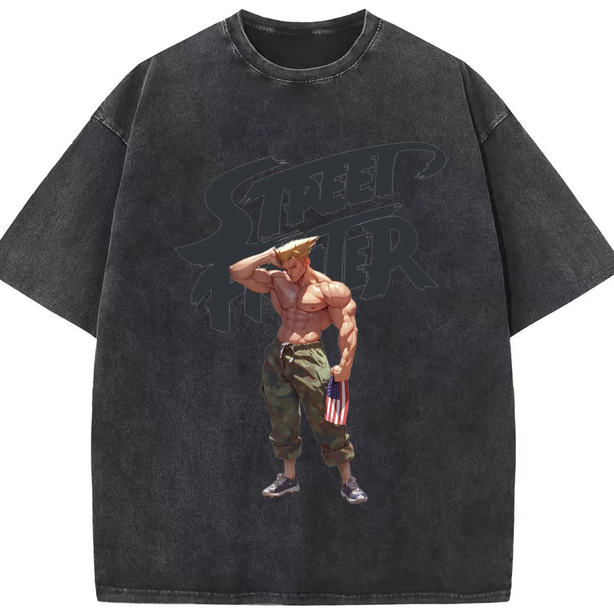 Street fighter guile tee - Washed Vintage Look 230g Cotton Oversized T-Shirt With Front Heat Transfer Print – Soft, Lightweight, Stylish Fit – Comfortable Casual Wear For Sports & Everyday Use
