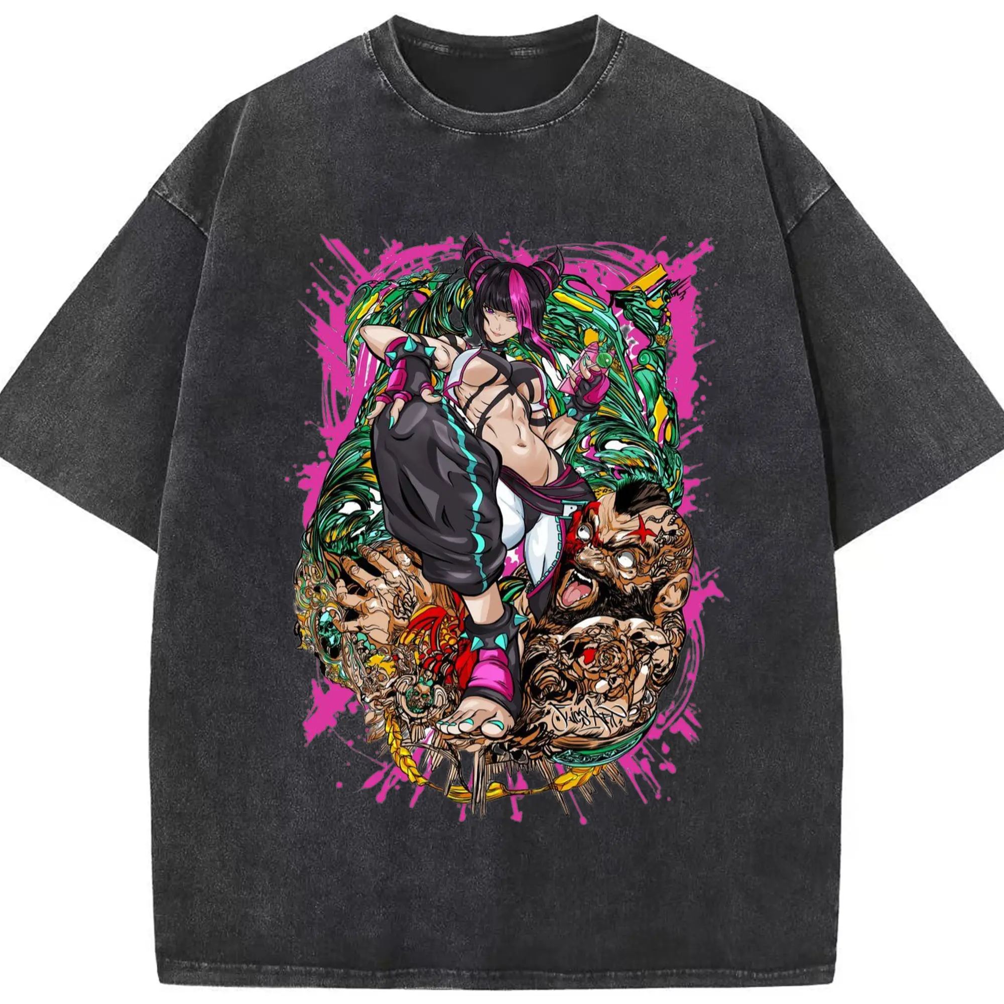 Street fighter juri collage shirt - Washed Vintage Look 230g Cotton Oversized T-Shirt With Front Heat Transfer Print – Soft, Lightweight, Stylish Fit – Comfortable Casual Wear For Sports & Everyday Use