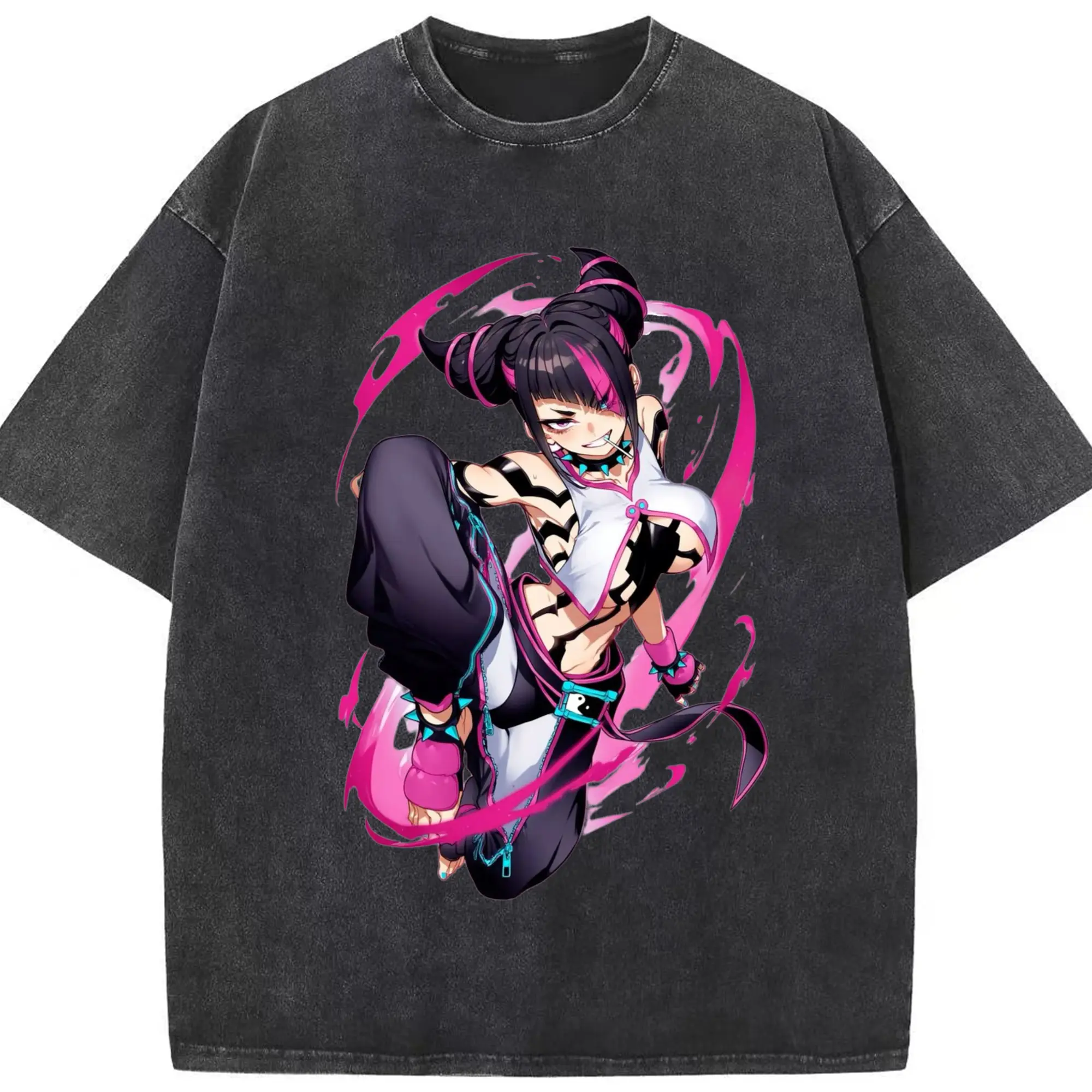 Street fighter juri shirt - Washed Vintage Look 230g Cotton Oversized T-Shirt With Front Heat Transfer Print – Soft, Lightweight, Stylish Fit – Comfortable Casual Wear For Sports & Everyday Use