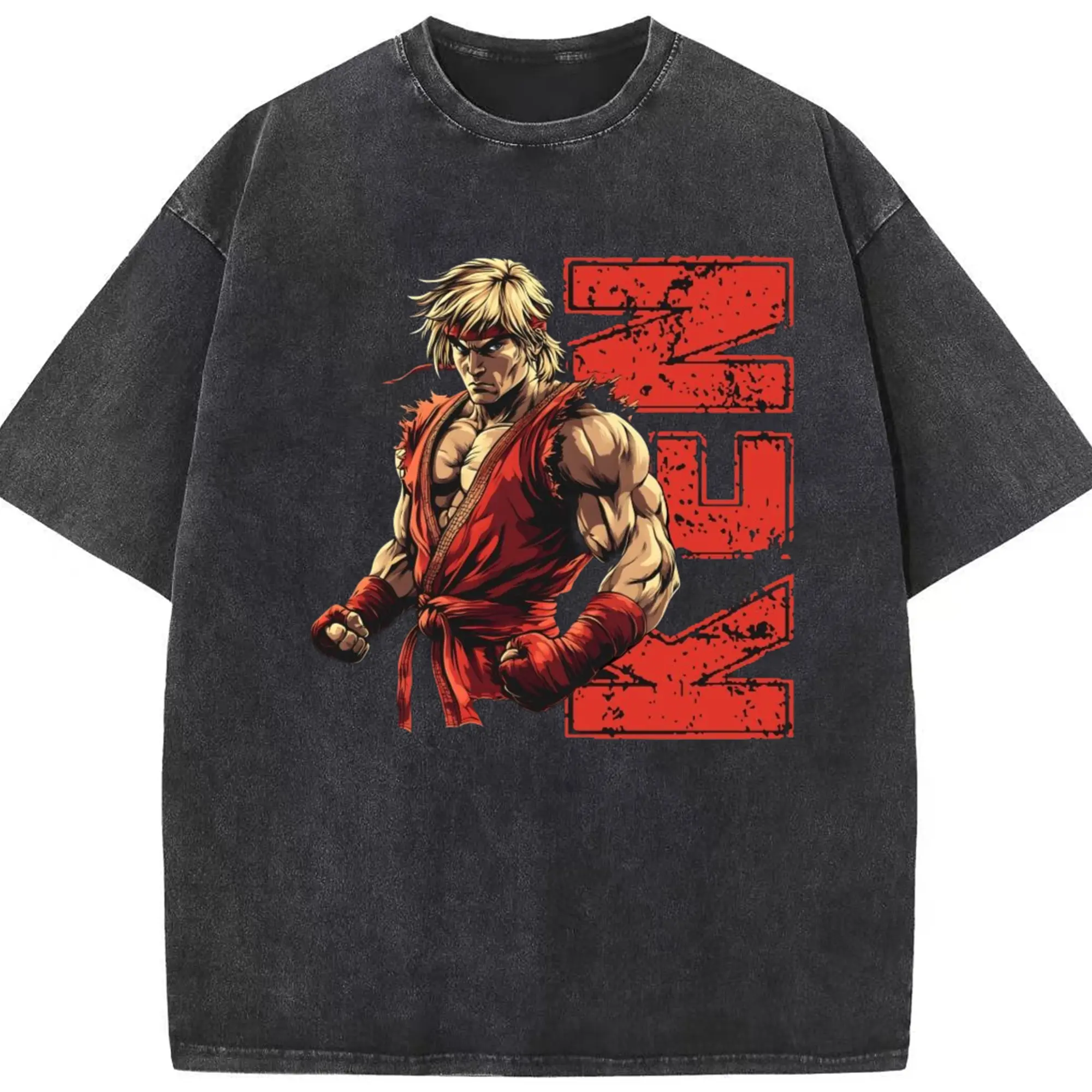 Street fighter ken t shirt​ - Washed Vintage Look 230g Cotton Oversized T-Shirt With Front Heat Transfer Print – Soft, Lightweight, Stylish Fit – Comfortable Casual Wear For Sports & Everyday Use