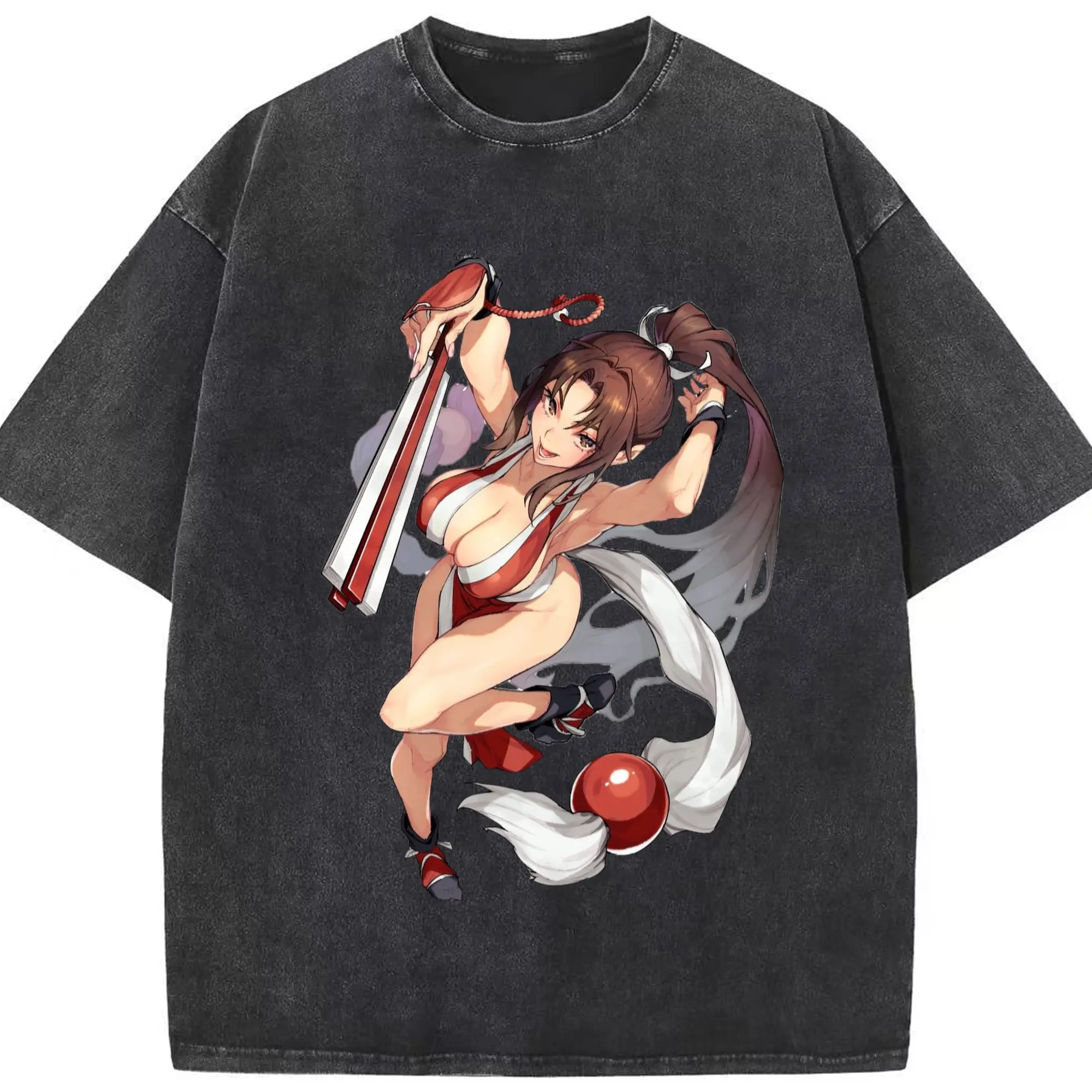 Street fighter Mai Shiranui t shirt​ - Washed Vintage Look 230g Cotton Oversized T-Shirt With Front Heat Transfer Print – Soft, Lightweight, Stylish Fit – Comfortable Casual Wear For Sports & Everyday Use