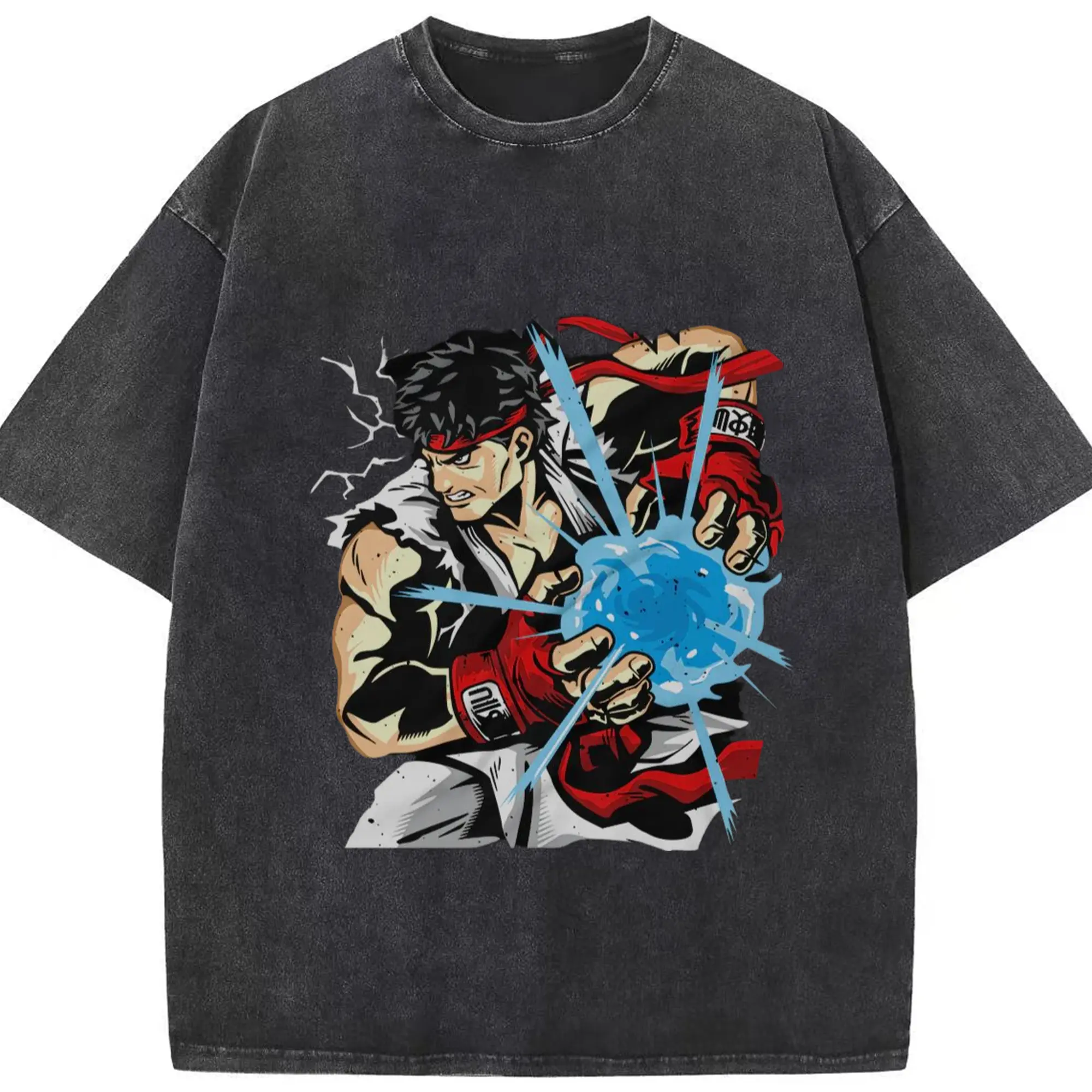 Street fighter ryu art shirt​ - Washed Vintage Look 230g Cotton Oversized T-Shirt With Front Heat Transfer Print – Soft, Lightweight, Stylish Fit – Comfortable Casual Wear For Sports & Everyday Use