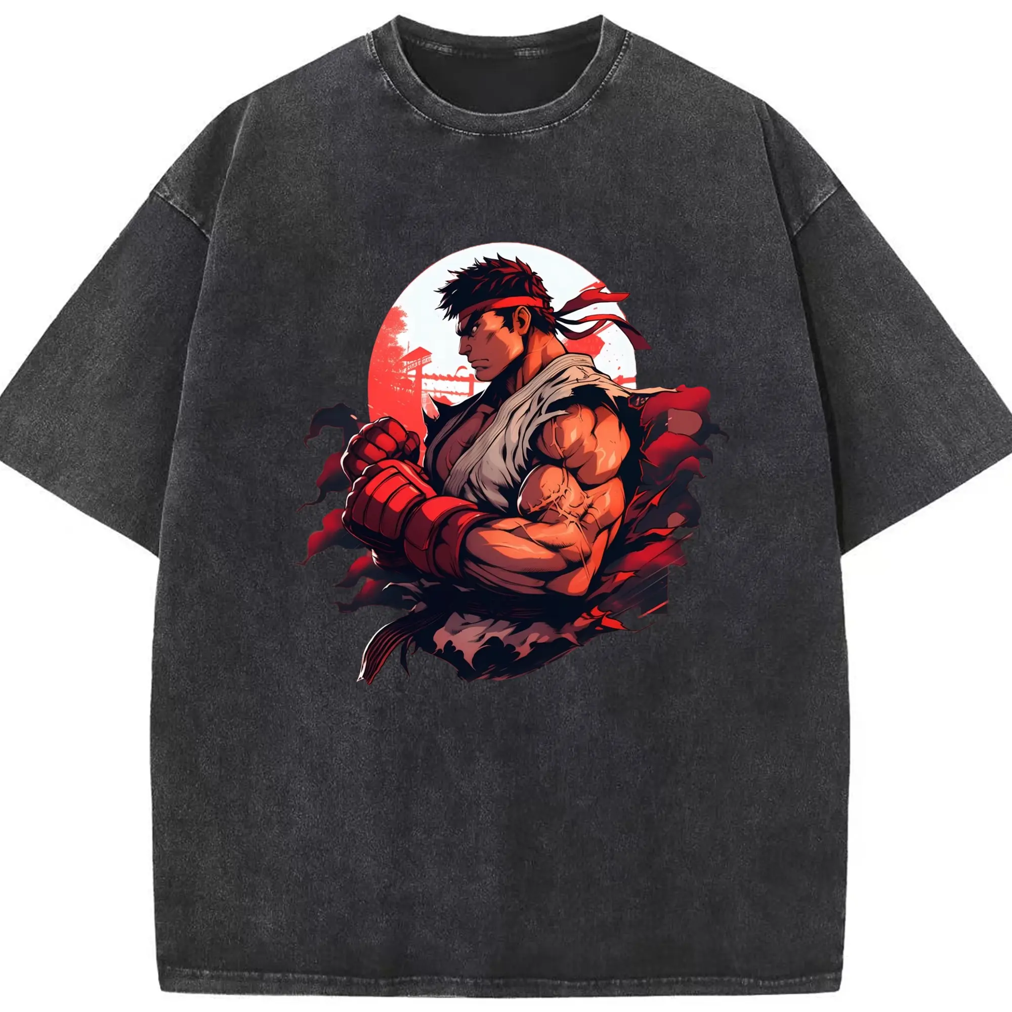 Street fighter ryu shirt​ - Washed Vintage Look 230g Cotton Oversized T-Shirt With Front Heat Transfer Print – Soft, Lightweight, Stylish Fit – Comfortable Casual Wear For Sports & Everyday Use