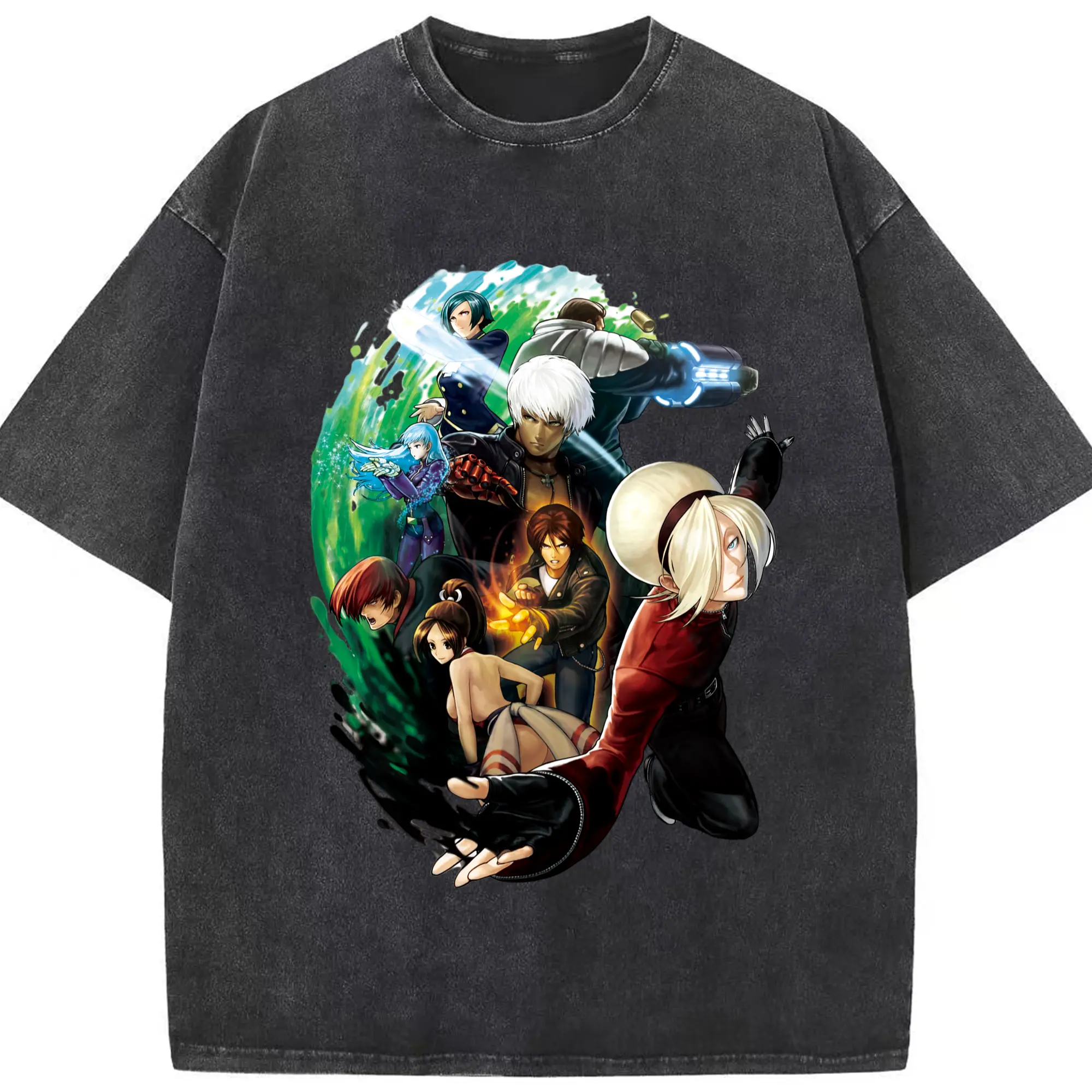 The king of fighters collage graphic shirt​ - Washed Vintage Look 230g Cotton Oversized T-Shirt With Front Heat Transfer Print – Soft, Lightweight, Stylish Fit – Comfortable Casual Wear For Sports & Everyday Use