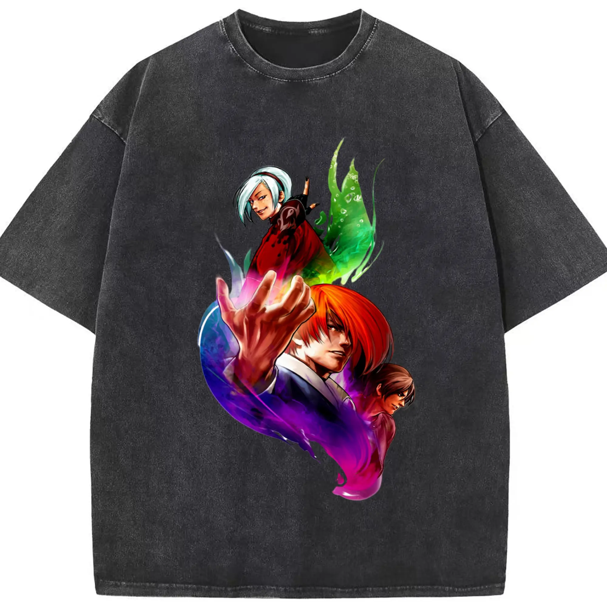 The king of fighters graphic shirt​ - Washed Vintage Look 230g Cotton Oversized T-Shirt With Front Heat Transfer Print – Soft, Lightweight, Stylish Fit – Comfortable Casual Wear For Sports & Everyday Use