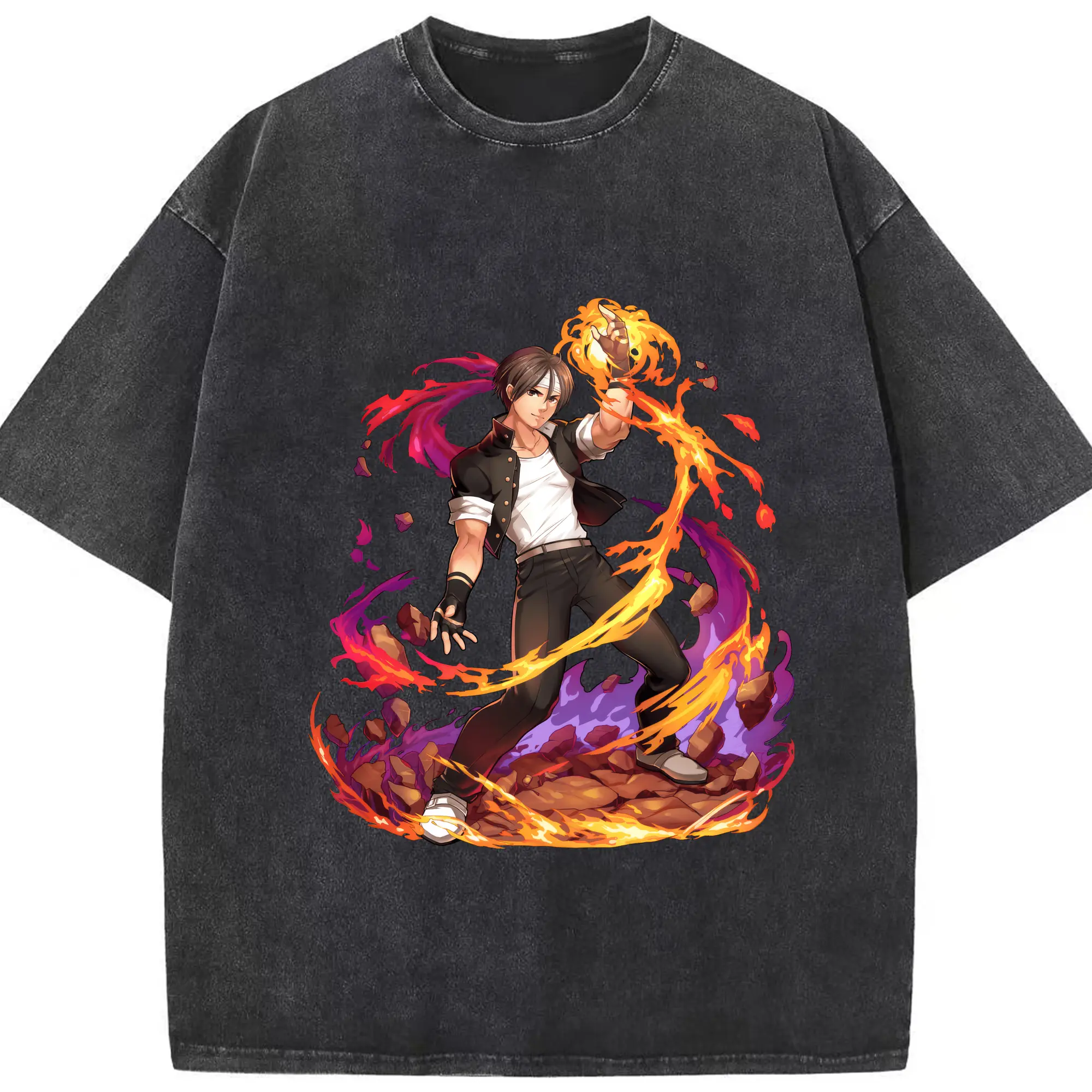 拳皇005_美图抠图20250711 - Washed Vintage Look 230g Cotton Oversized T-Shirt With Front Heat Transfer Print – Soft, Lightweight, Stylish Fit – Comfortable Casual Wear For Sports & Everyday Use