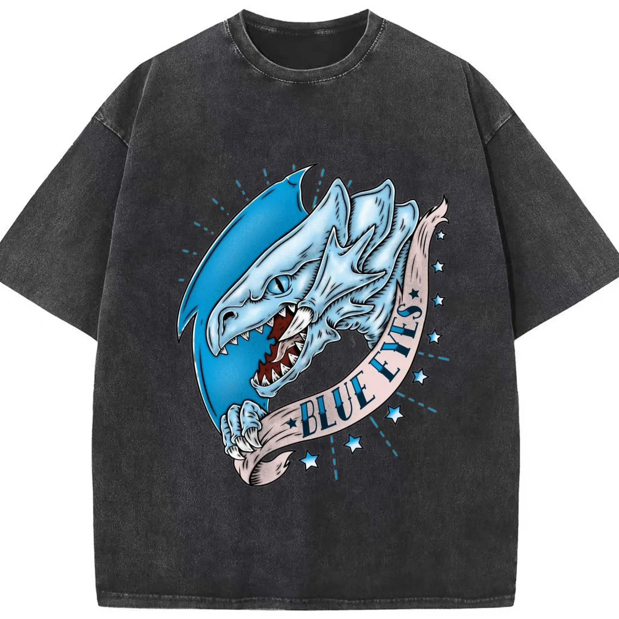 Yu-gi-oh bule eyes graphic shirt​ - Washed Vintage Look 230g Cotton Oversized T-Shirt With Front Heat Transfer Print – Soft, Lightweight, Stylish Fit – Comfortable Casual Wear For Sports & Everyday Use