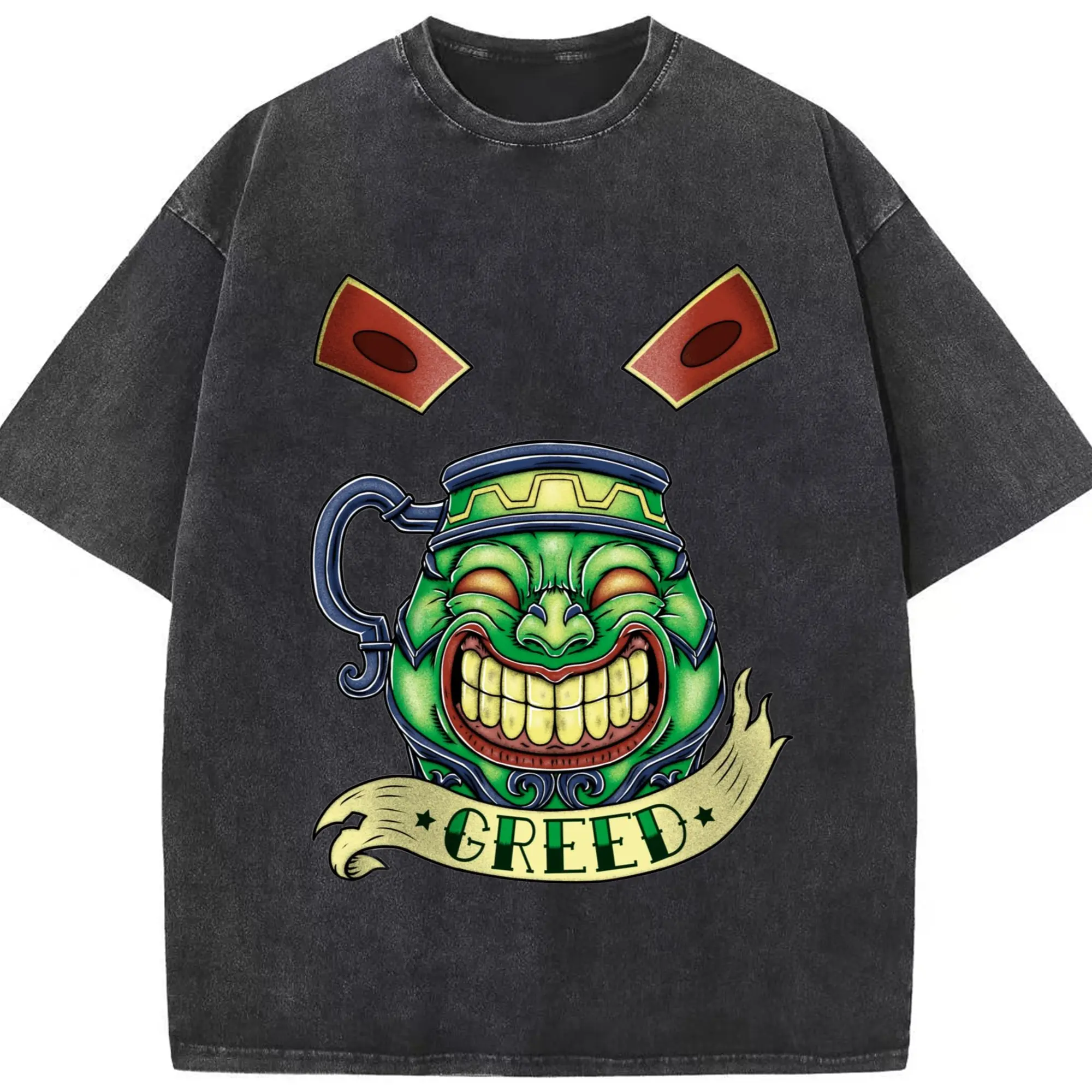 Yu-gi-oh greed graphic shirt​ - Washed Vintage Look 230g Cotton Oversized T-Shirt With Front Heat Transfer Print – Soft, Lightweight, Stylish Fit – Comfortable Casual Wear For Sports & Everyday Use